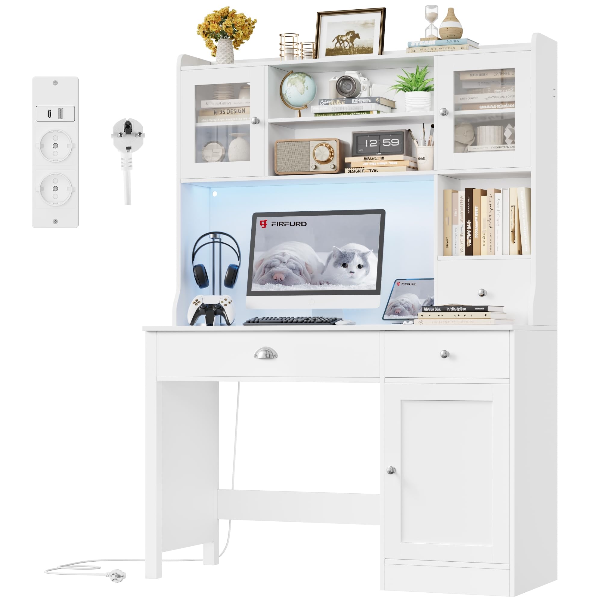 FirFurd Bureau Blanc avec LED Bureau avec Rangement avec Prises/Type-C/USB