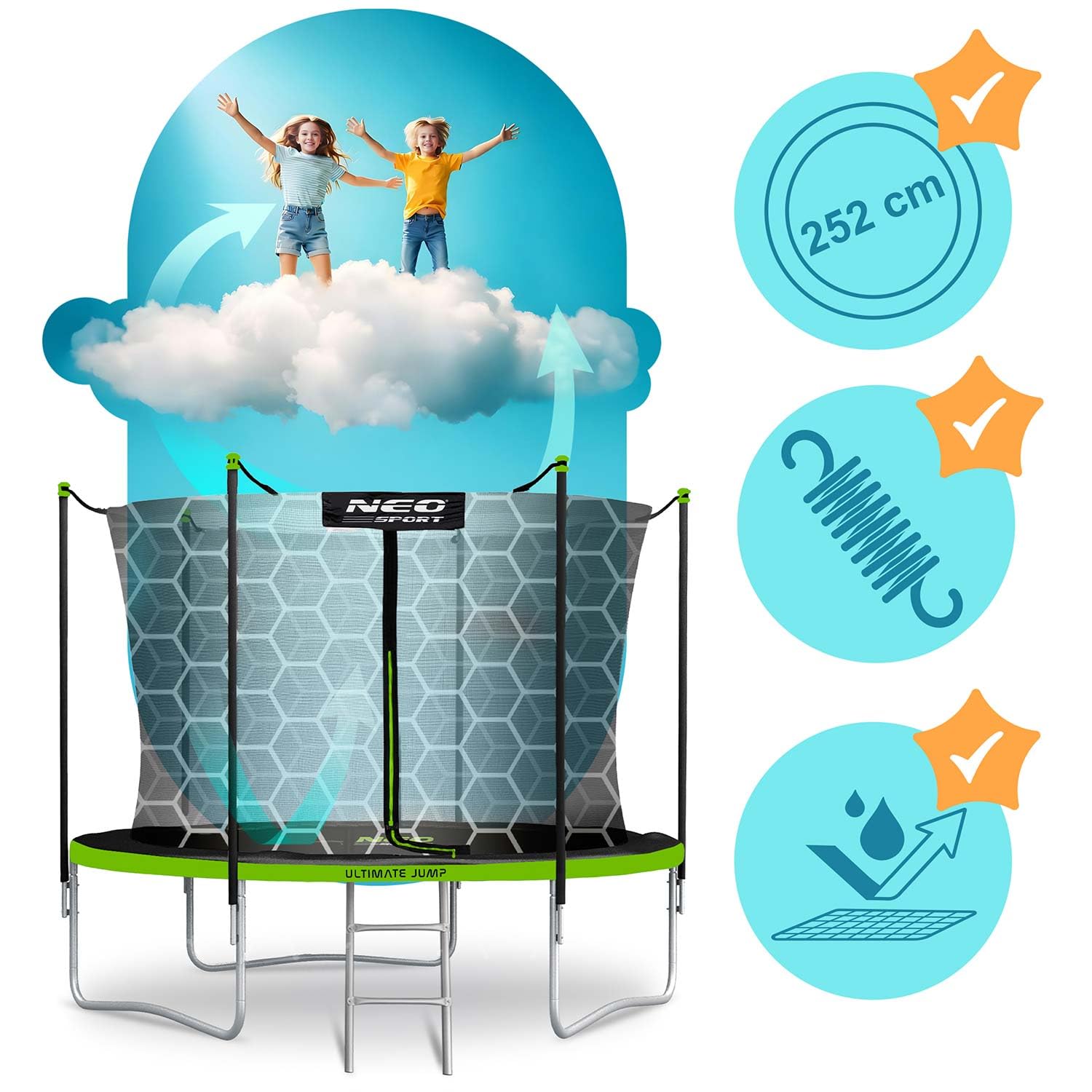 Neo-Sport Trampolina Ogrodowa Dla Dzieci Z Wewnętrzną Siatką Zabezpieczającą Drabinką 183 cm 6 ft Czarny Zielony