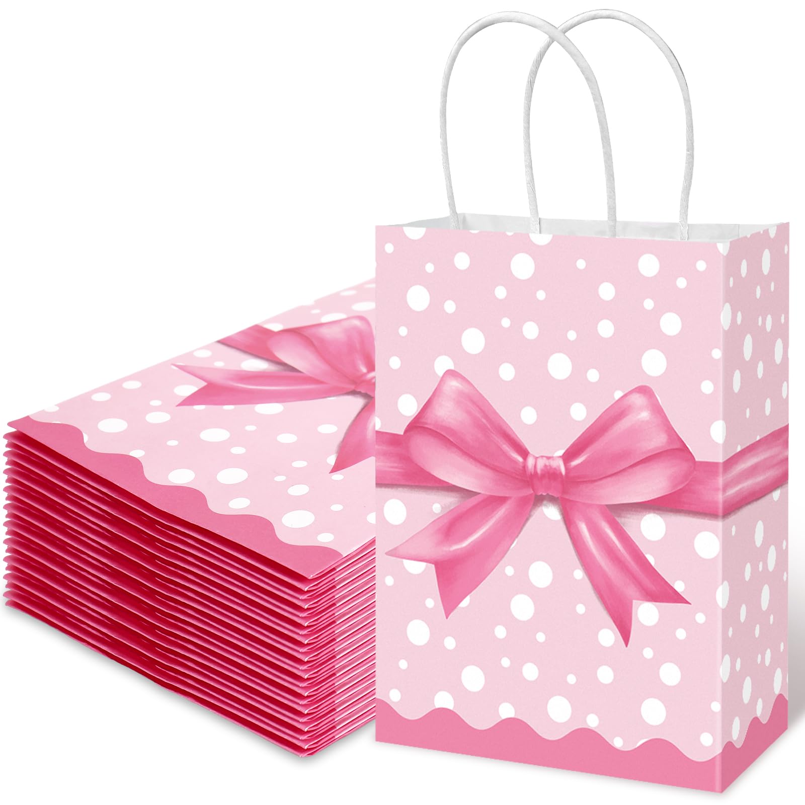 FYSUIMU 16Pcs Pink Bow Paper Gift Bags with Handles Coquette Bowknot Polka Dot Goodie Treat Bag Grocery Shopping Bags for Wedding Birthday Party Favor