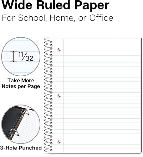 Miniatura 2 de Dunwell Cuaderno de espiral de 1 materia, cubierta de plástico rojo, 100 hojas (200 páginas) de papel de rayas anchas de 8 x 10.5 pulgadas, cuaderno