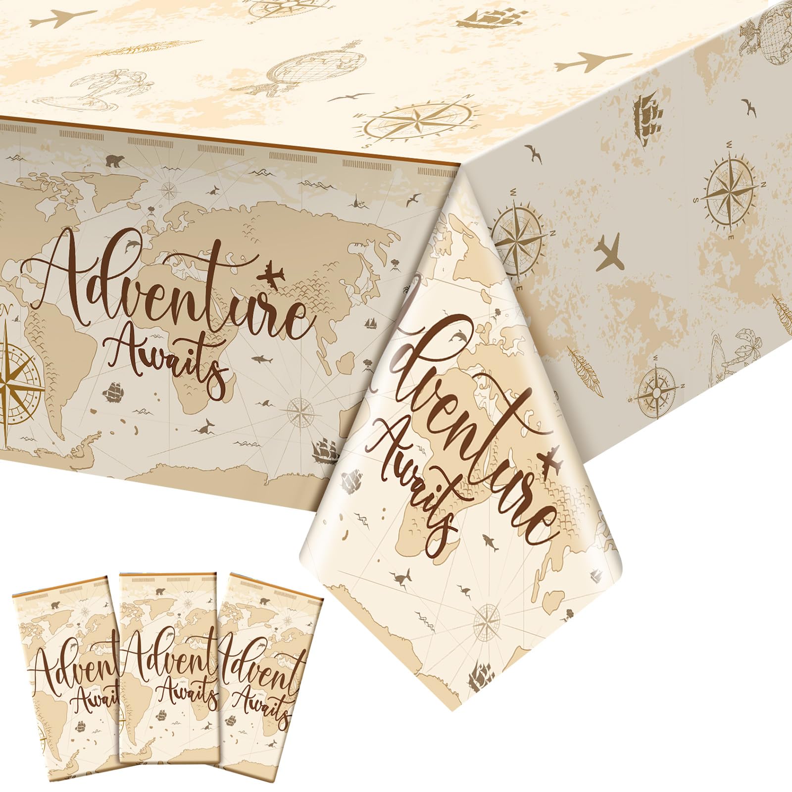 Travel Party Decoration Adventure Awaits Bon Voyage World Map Plastic Tablecloth Adventure Awaits Disposable Table Cover for Travel Retirement Wedding Graduation, 108 x 54 Inches (Khaki, 3 Pcs)