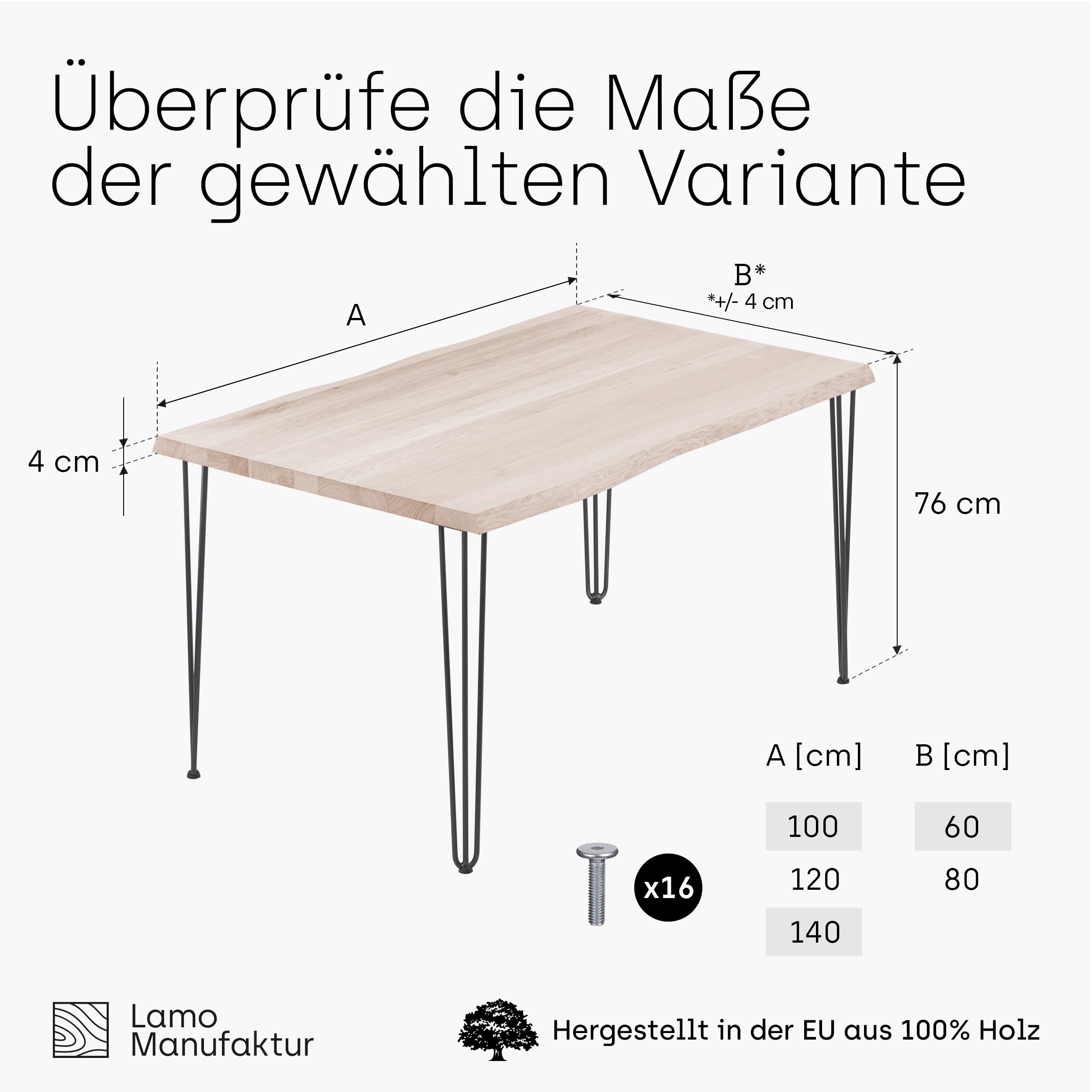 LAMO Manufaktur Esstisch Küchentisch Schreibtisch Couchtisch aus Massivholz, mit Baumkante 120x80x76 cm (AxBxH), Creative, Roh/Rohstahl mit Klarlack, LEB-01-A-001-0000Cr