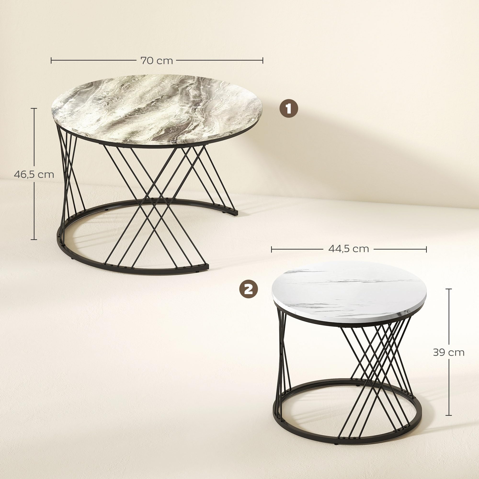 HOMCOM Juego de 2 Mesas Nido Mesas de Centro para Salón Redondas con Tablero con Diseño de Mármol Marco de Metal para Sala de Estar Dormitorio Gris y Blanco