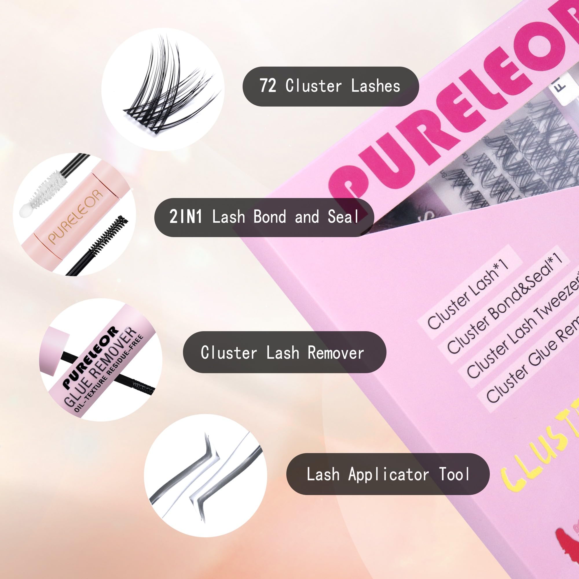 Lash Clusters Clear Band DIY Eyelash Extension Kit with Bond and Seal Lash Applicators Individual Lashes Remover Kit (60pcs 8-16MM) - Image 2