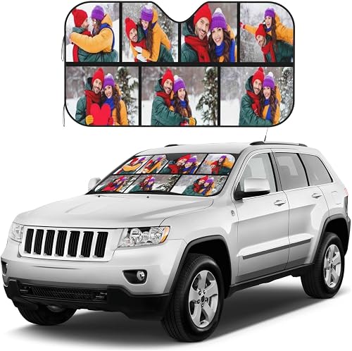Custom Car Windshield Sun Shade Personalized 7 Photo Sunshade Design Your Own Image Logo Text Customized Front Window Sun Visor Foldable Reflective Sunshield for Vehicle Blocks UV Rays Protector