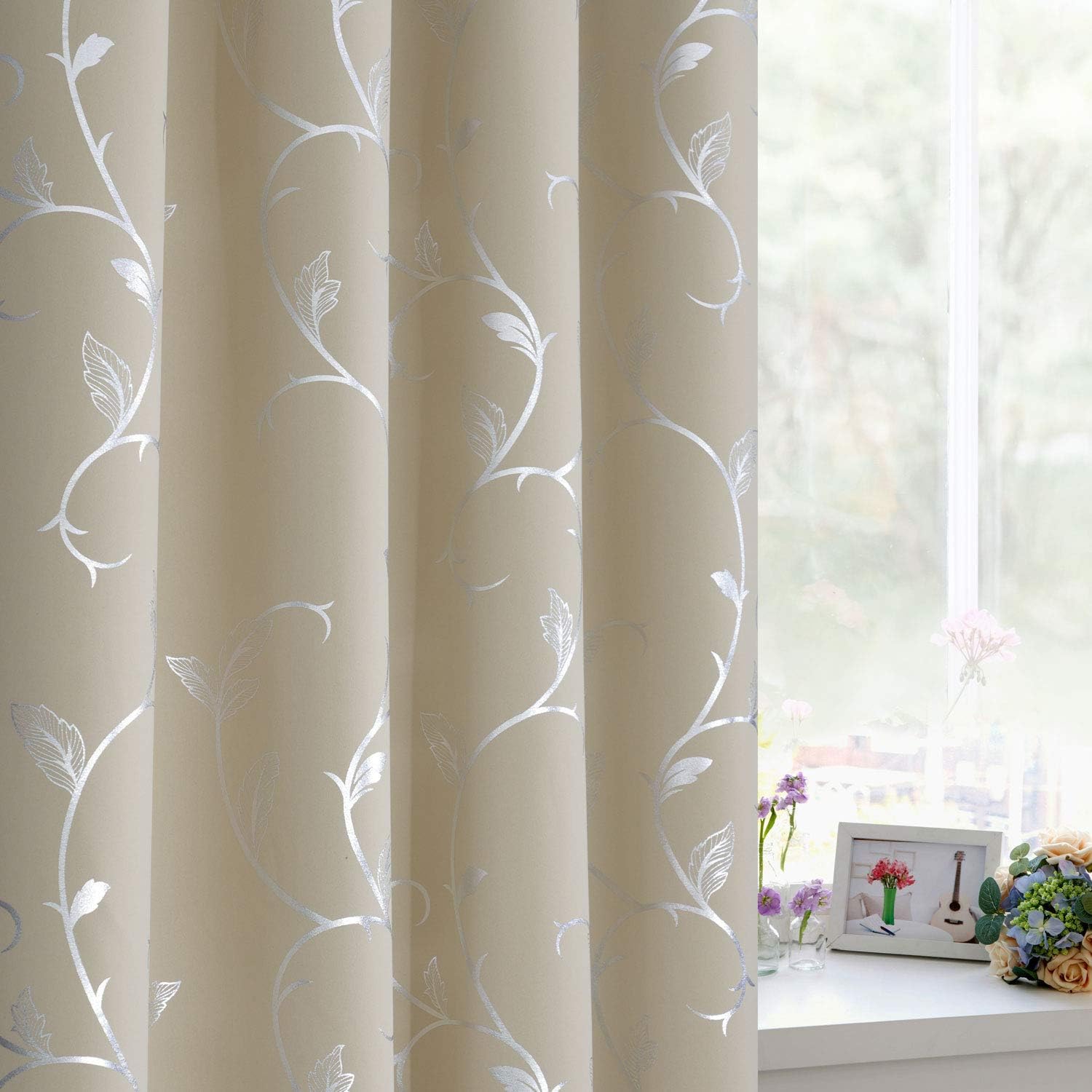 BUHUA Small Window Blackout Curtains Bedroom Darkening Curtain Pairs Silver Floral Print Blackout Curtains for Kitchen 38W×54L Beige2 Panels