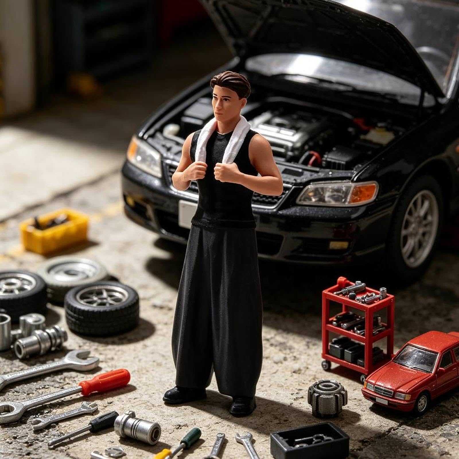 Maqueta a Escala 1:24 de Un Mecánico, Escena de Reparación de Coches, Decoración, Figuras para Juegos de rol de Tren.