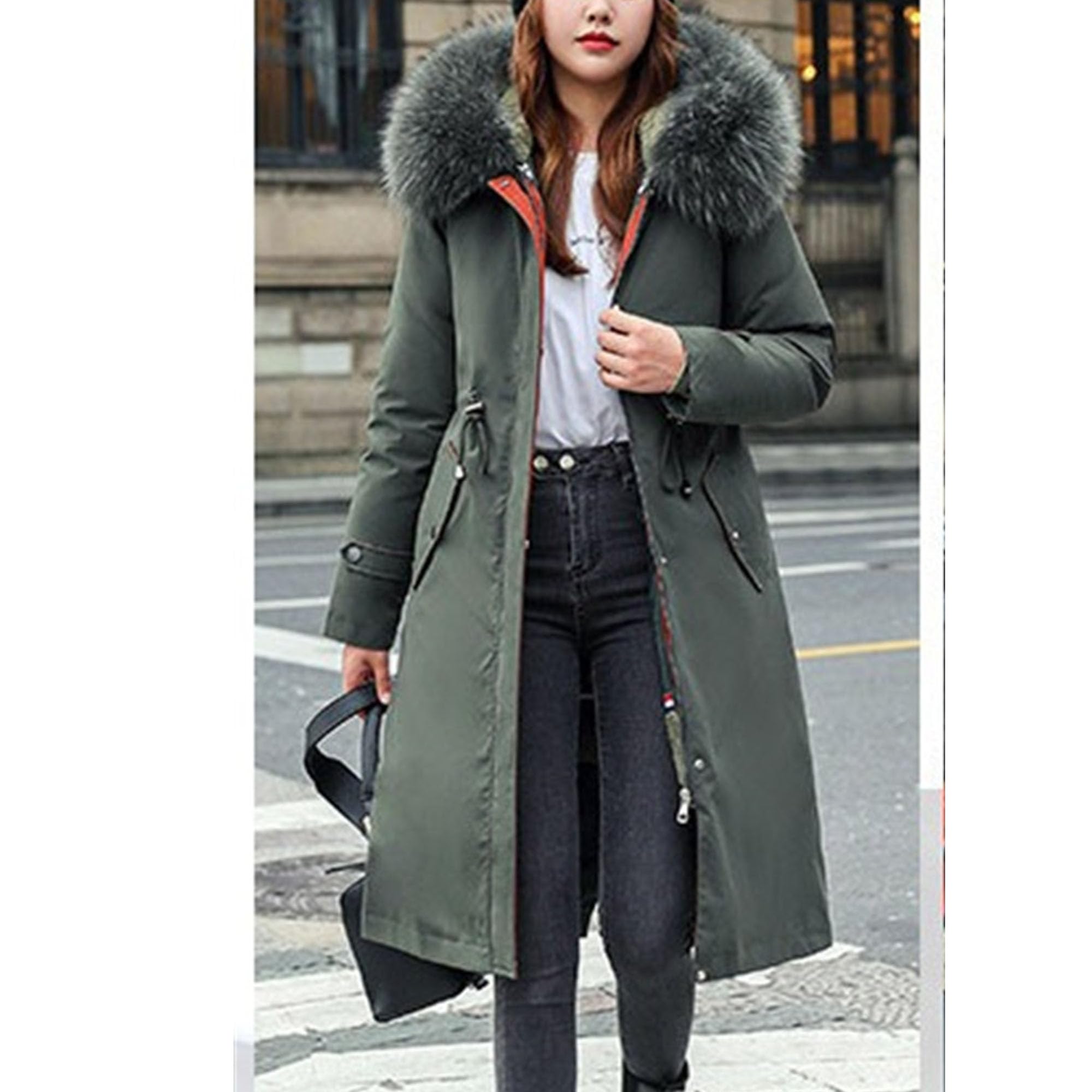 Giacca da donna in cotone double face ginocchio sopra dimagrante parka cappotto con cappuccio in pelliccia collare staccabile spesso capispalla