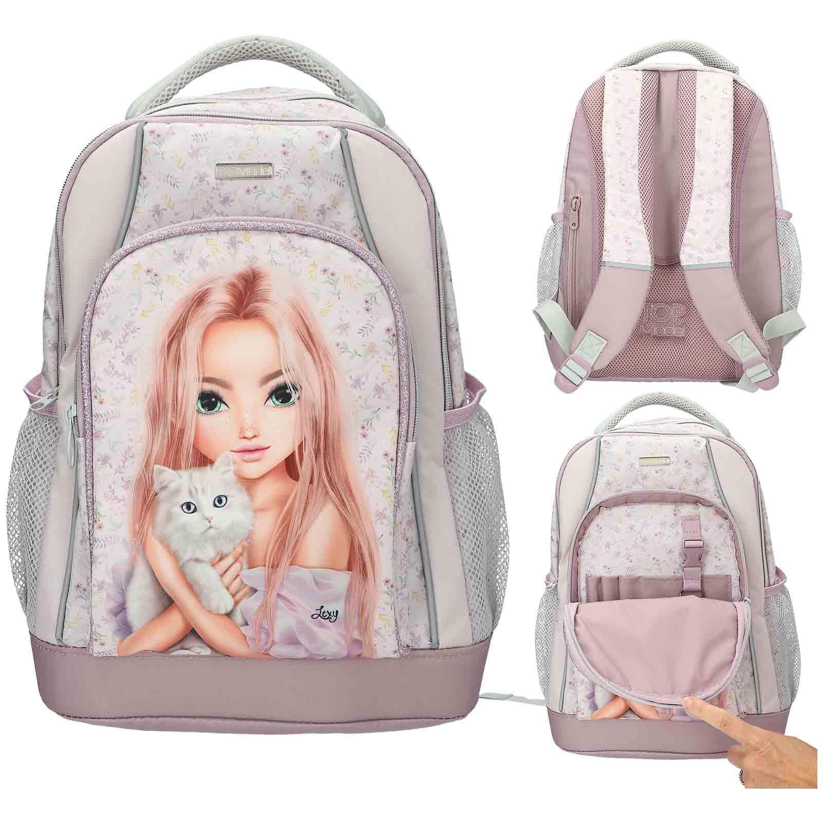 Depesche – TOPModel Blooming Kitty – Schulrucksack und 3-Fach-Federtasche, mit Model-Katze-Motiv und Blumenmuster, Schultasche mit verstellbaren Trägern, Federmappe mit Buntstiften, Schere, Lineal UVM