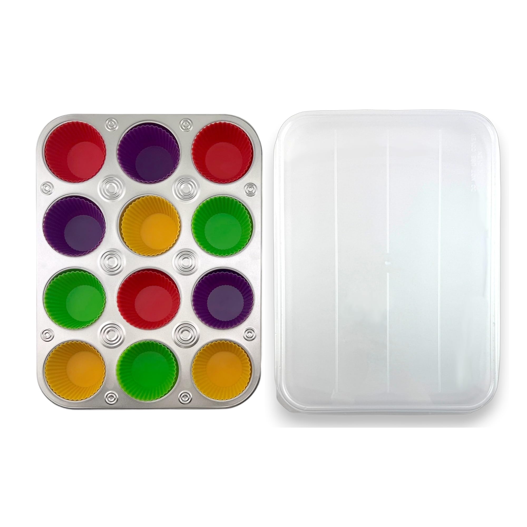 Baking with G&S - Juego de dos moldes para magdalenas de 12 tazas con tapas de bloqueo y 24 forros de silicona
