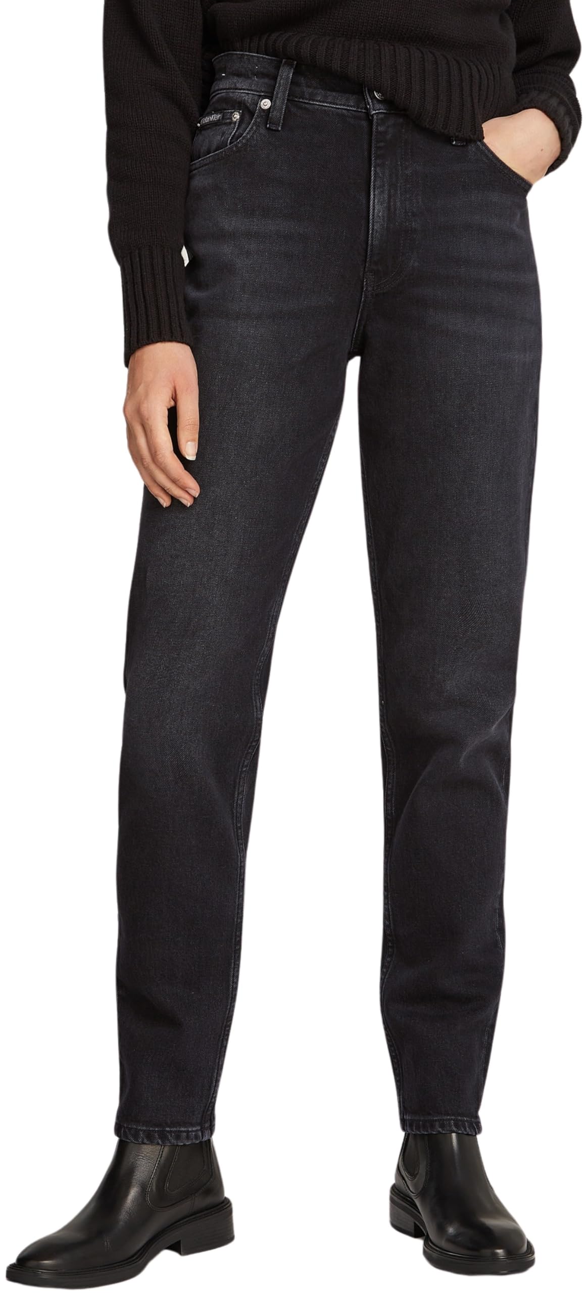 Calvin Klein Women’s Tapered Fit Mom Jeans, Black (Denim Black), 28W/30L