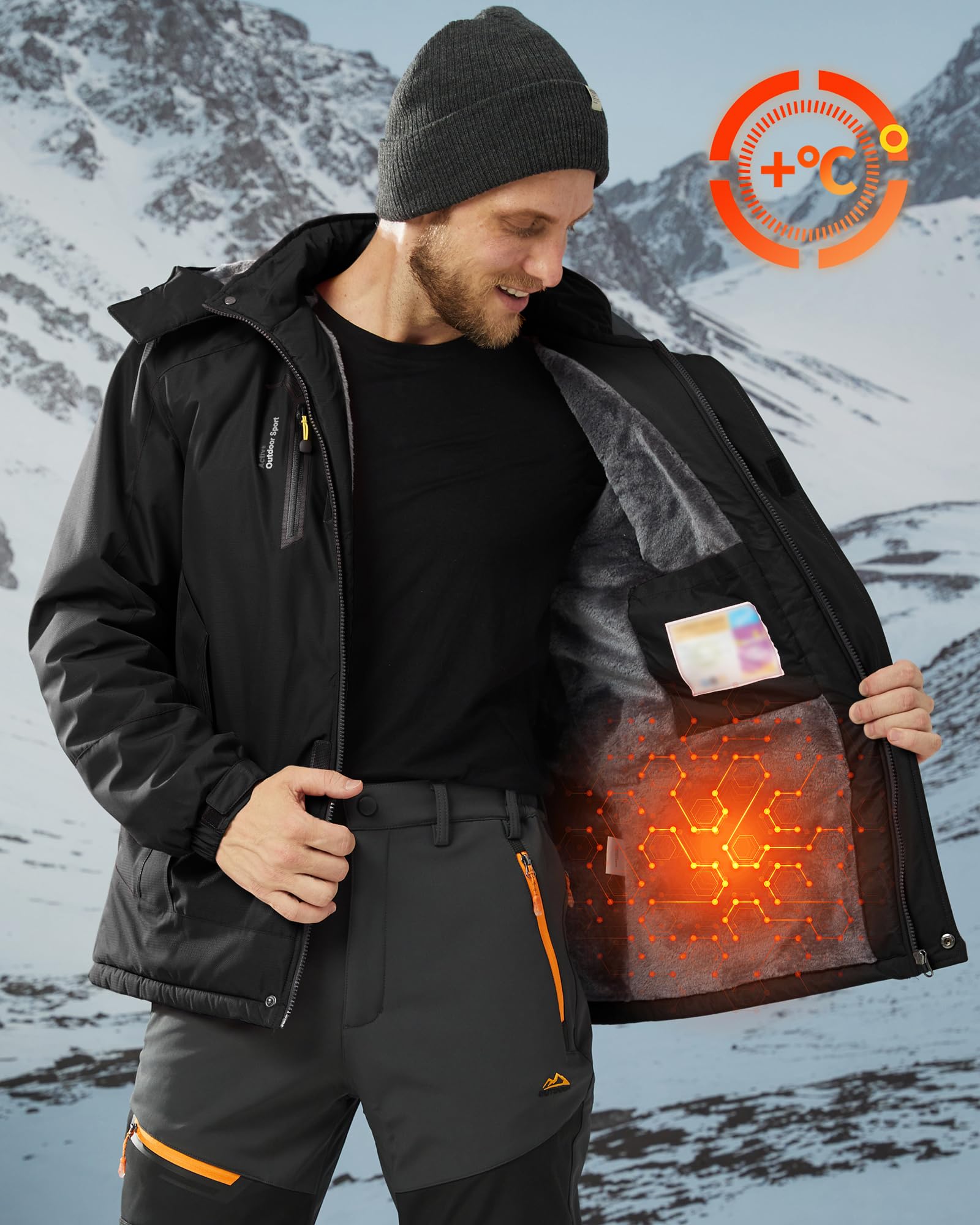 KEFITEVD Winterjacke Herren Skijacke Wasserdicht Warm Gefüttert Outdoorjacke mit Abnehmbarer Kapuze