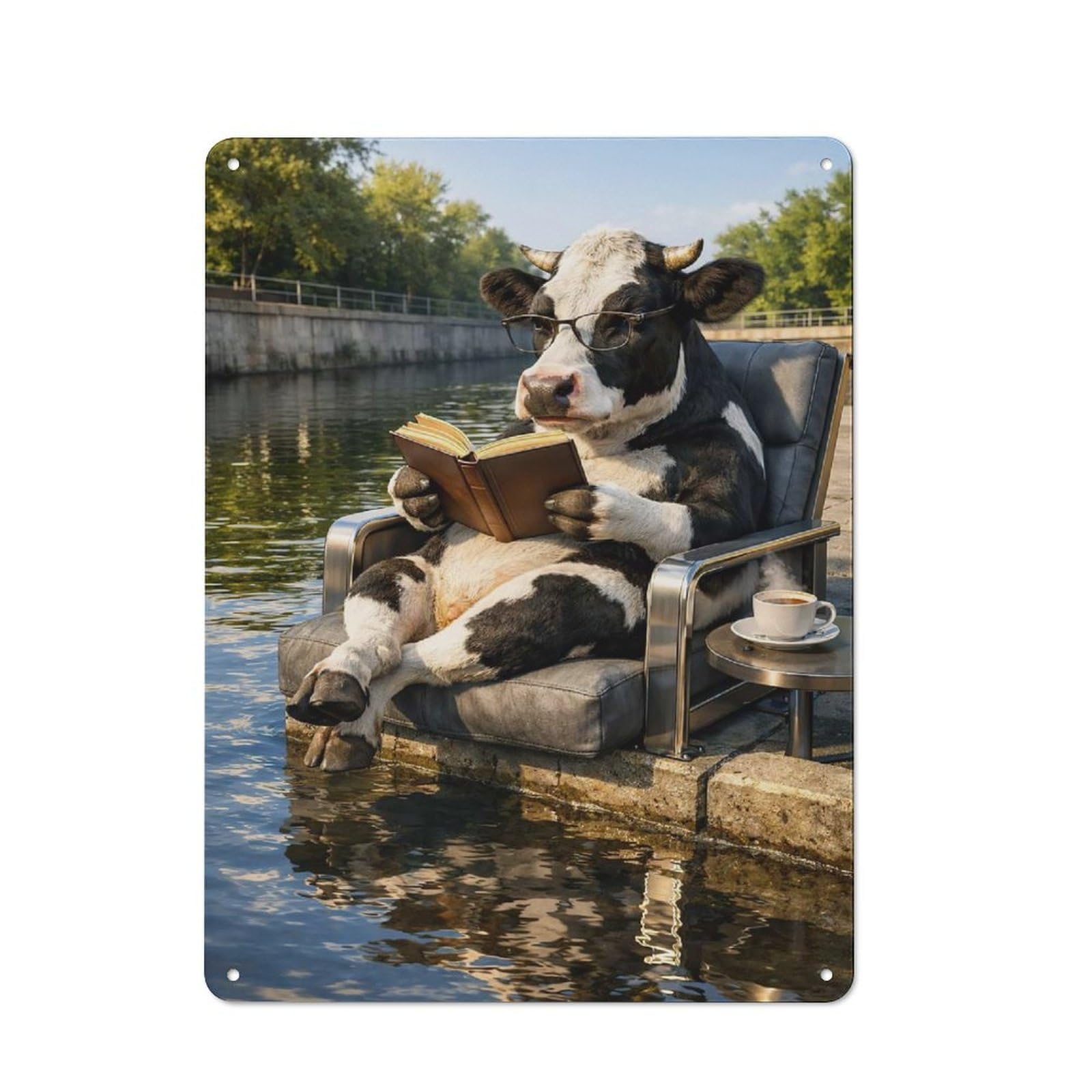 Decorative Metal Plaque with Cow Reading Book by The River Design 40x30cm, Casual Utility Space Decor for Patio Bar, Workshop, Shed Or Kitchen