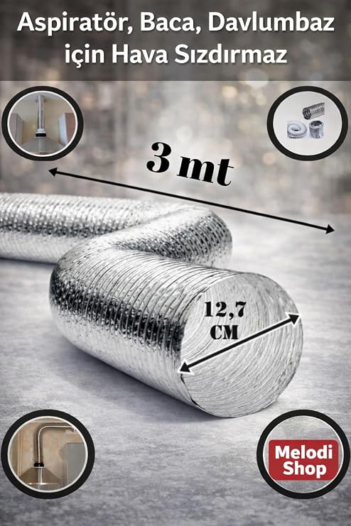 3 Metre 127 mm Alüminyum Flex Aspiratör Borusu, Isıya Dayanıklı, Esnek Havalandırma Hortumu, Davlumbaz ve Banyo Fanı Uyumlu