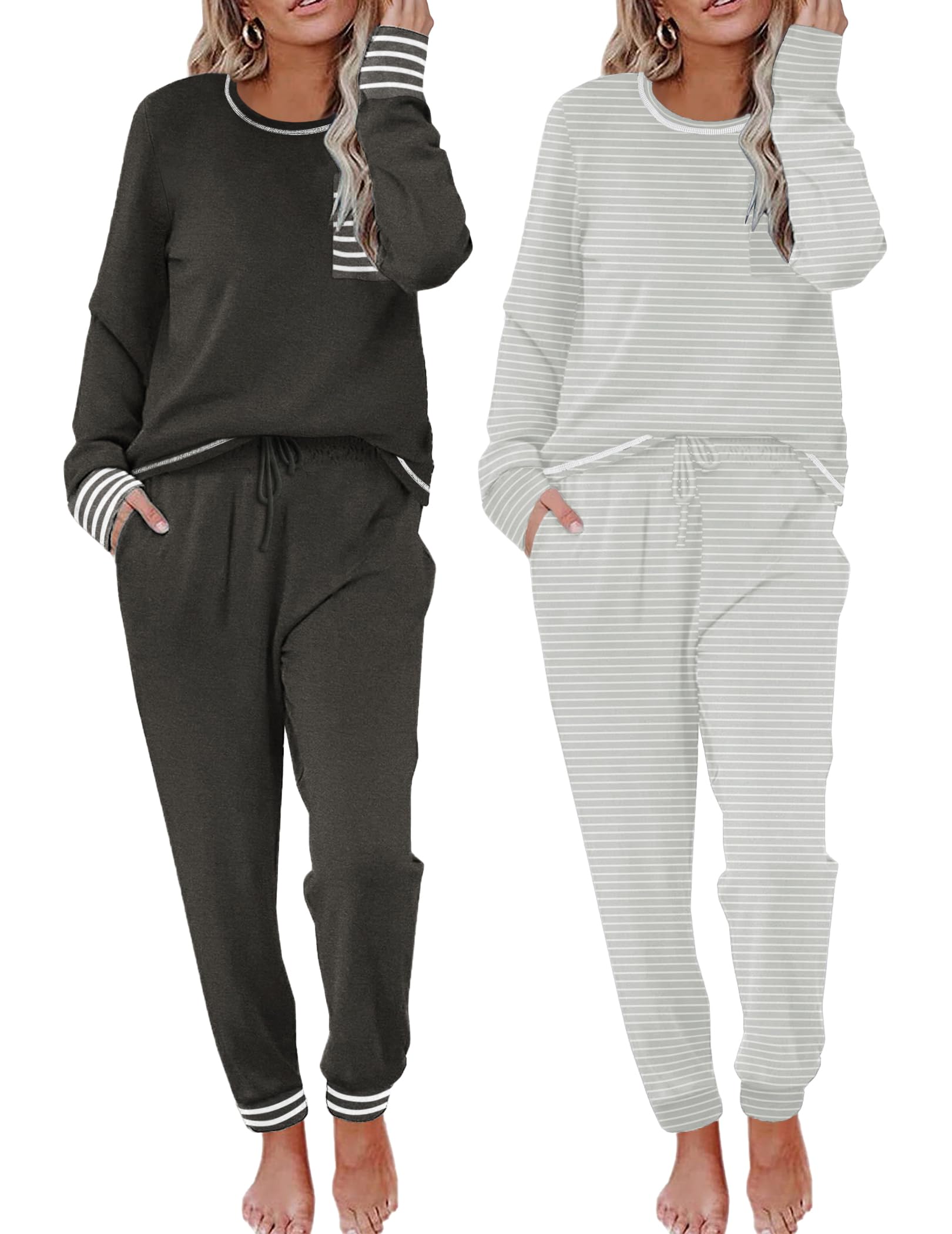 Ekouaer 2 Pack Womens Pajama Sets Long Sleeve Lounge Sets Soft Pj Loungewear Sleepwear