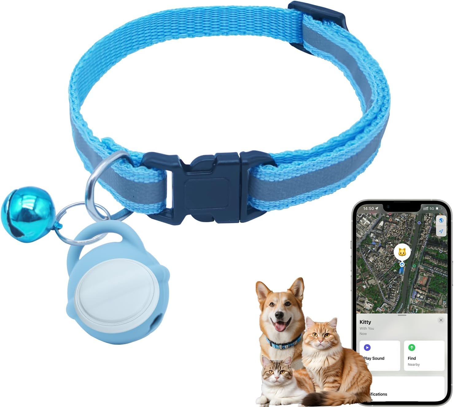 Silicone Bell Cat Tracker, Locator for Pets Only iOS, Kitty Location Tracking Collar, Works Worldwide with Any Collar, No Other Fees, Huthur Tag