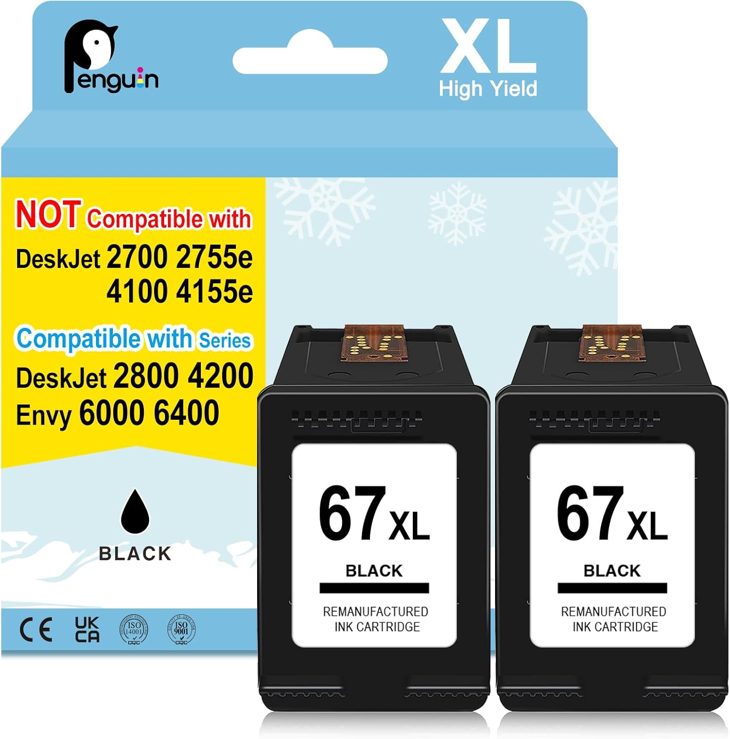 Penguin 67XL Black Ink Cartridges for HP Ink 67 XL for Deskjet 4200e 4258e 2800e 4227e 2820e 2852e 2855e 2842e 2827e 4255e Printers 2 Black for HP Printer Ink HP67XL 2 Pack