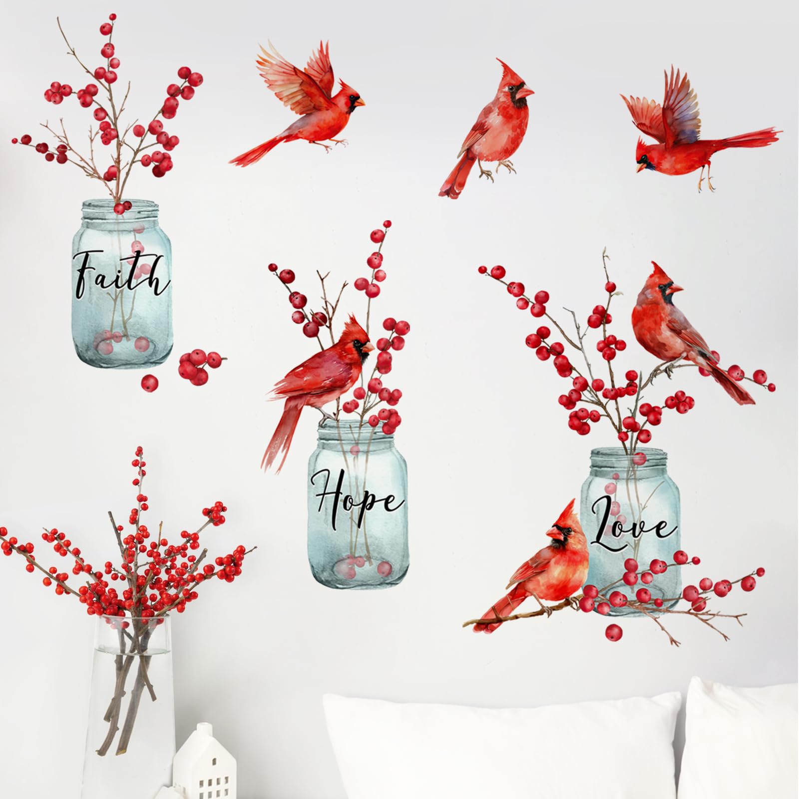 Yovkky Memorial Cardinal Red Berries Wall Decals Stickers, Christian Faith Hope Love Red Birds Mason Jar Home Bedroom Decor, Religious Bible Verse