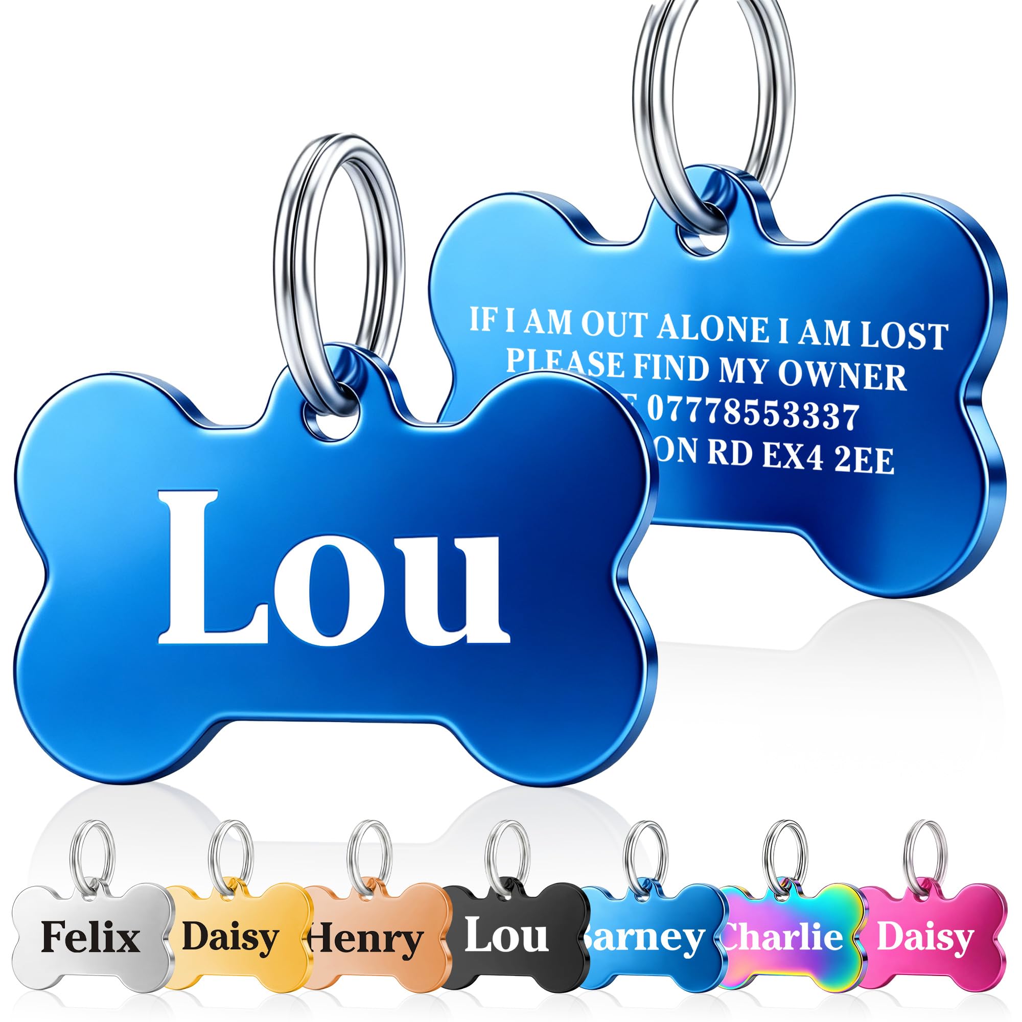 Dog Tags for Pets Engraved UK Personalised Dog Tag ID Name Tags for Cat Puppy Pet Collar Double Sided Deeply Laser Engraved Stainless Steel Identify Tags (Blue(Bone), L)
