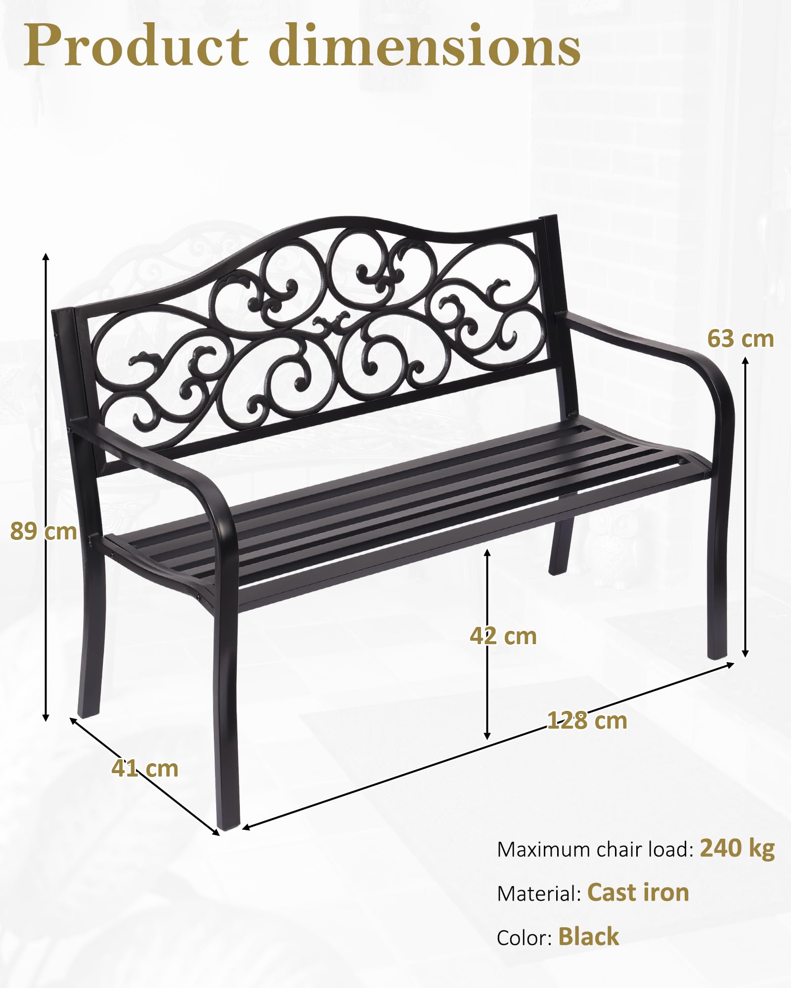 Gartenbank Metall wetterfest, 2-3 Sitzer Parkbank aus Gusseisen bis 240kg belastbar, Sitzbank mit Rückenlehne & Blumenmuster für Garten, Balkon & Terrasse, 128cm Breit, Schwarz