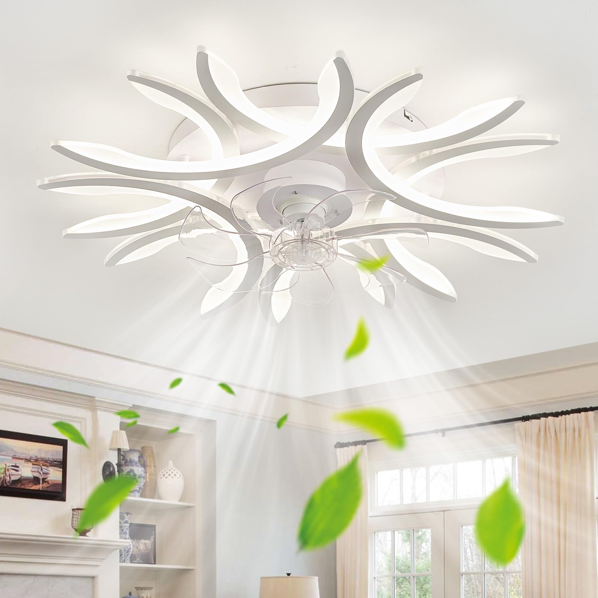 SXDMOUBK 75cm Led Fan Light Ceiling APP Smart Ceiling Fan Light Reversible Dimmable 6 Speed Timer Silent Ceiling Fan with Light Memory Function for Living Room Office DC Ceiling Lights-White