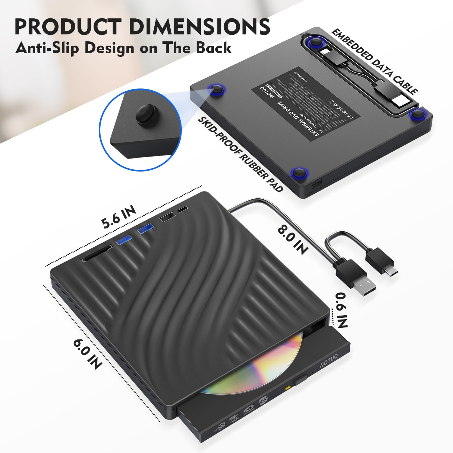 YOTUO Unidad externa multifunción de CD/DVD 3 en 1 Hub y lector de tarjetas SD, reproductor de DVD, interfaz dual USB-C/USB 3.2 portátil para laptop, escritorio, con Windows 7/8/10/11, Mac MacBook Pro