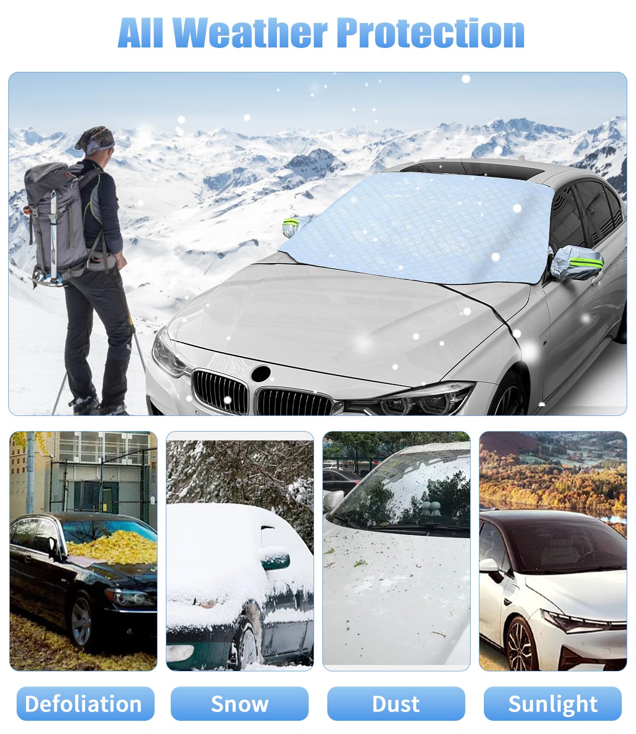 Bache Voiture Dégivreur Pare Brise et Rétroviseurs Latéraux, 5couches Protection Pare Brise Hiver for SUV, Camping-cars, Camionnettes et Camions, Bache Protection Voiture et Sangle D'accrochage