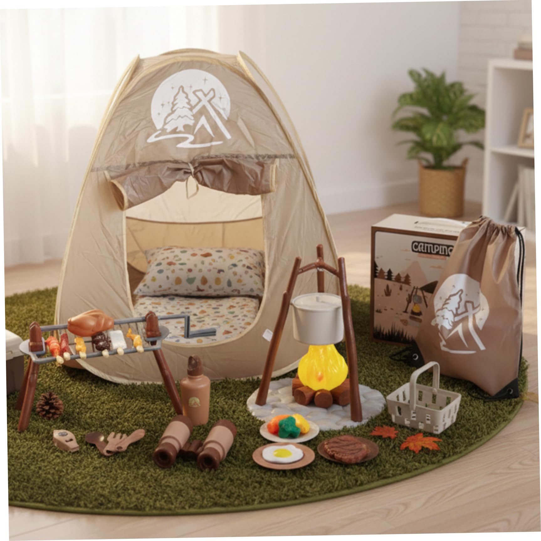 Juego de camping para niños con tienda de campaña, barbacoa giratoria y fogata iluminada, 34 piezas de juguetes para juegos de rol imaginativos, juguetes para niños de interior y exterior a partir de