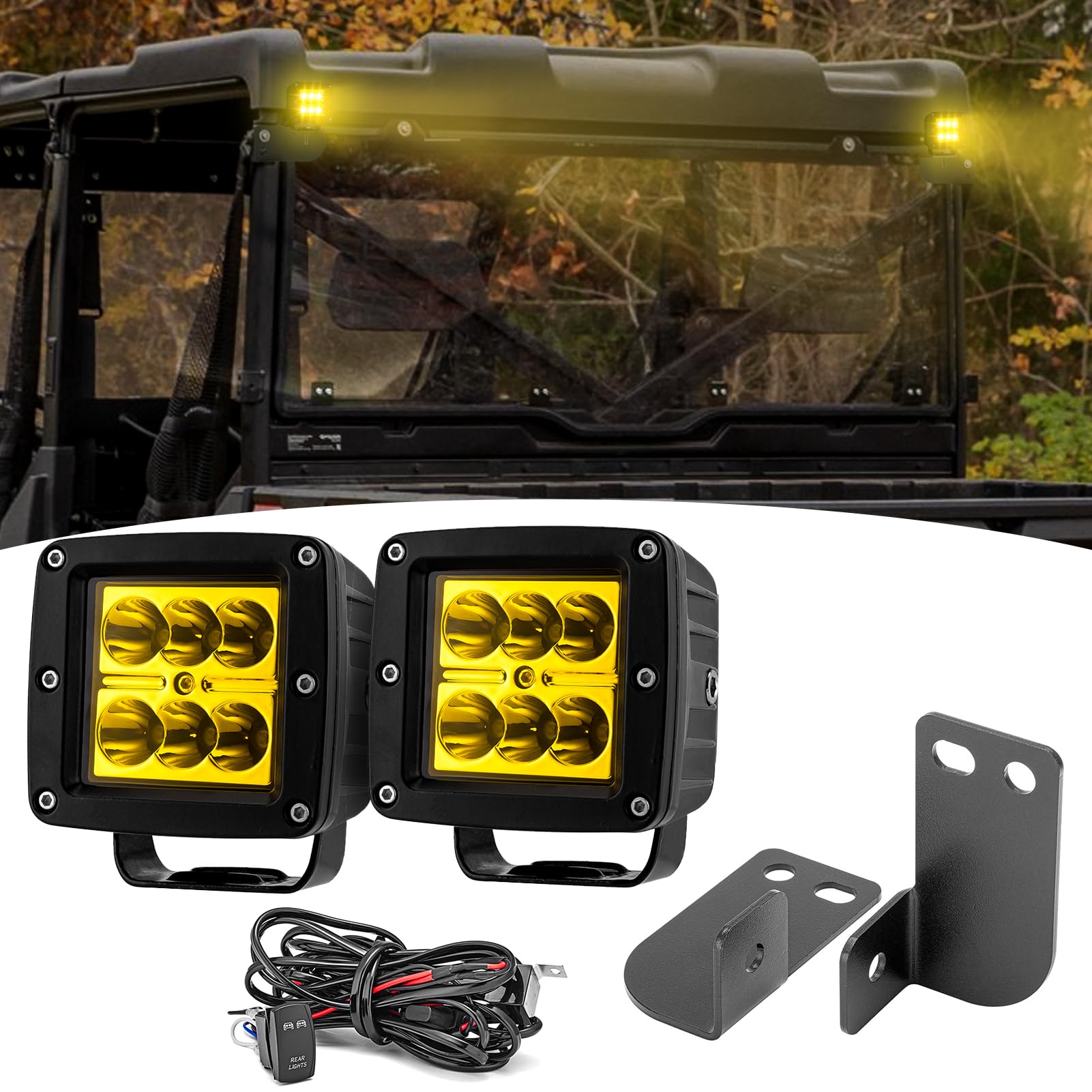 Wsays 2PCS LED Amber Light Pods & Rear Roof Pillar Roll Cage Bar Reverse LED Light Pod Mounting Brackets w/Wiring Kit Compatible with Polaris Ranger