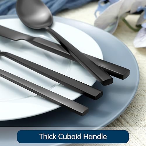 Miniatura 3 de Juego de cubiertos de 20 piezas forjados a mano de acero inoxidable 18/10, color negro, con mango cuboide pulido mate, servicio para 4 Negro