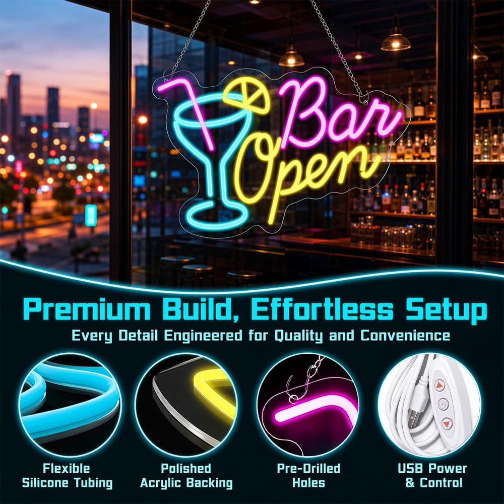 Foreverup Insegna con luce al neon aperta al bar, dimmerabile, con interruttore, 42 x 27 cm, con alimentazione USB, per pub, club, camera da letto, feste, regalo per gli amanti dei giochi di birra
