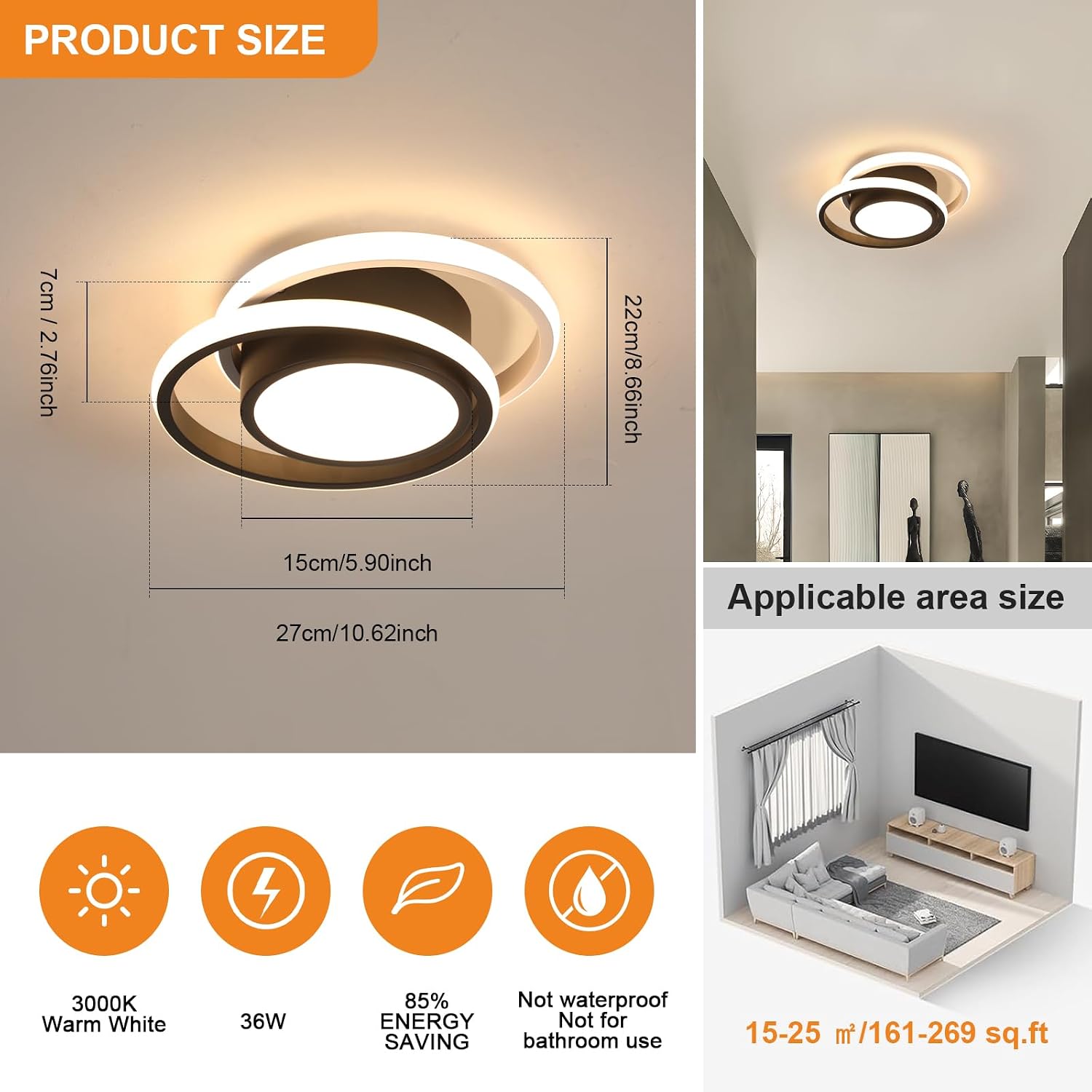DELIPOP Modern LED Ceiling Light, 36W 2160LM Round Small Ceiling Lamp, (Warm Light, 3000K) Aluminum Close to Ceiling Light Fixture for Hallway, Aisle, Corridor, Bedroom, Kitchen (Black & White)