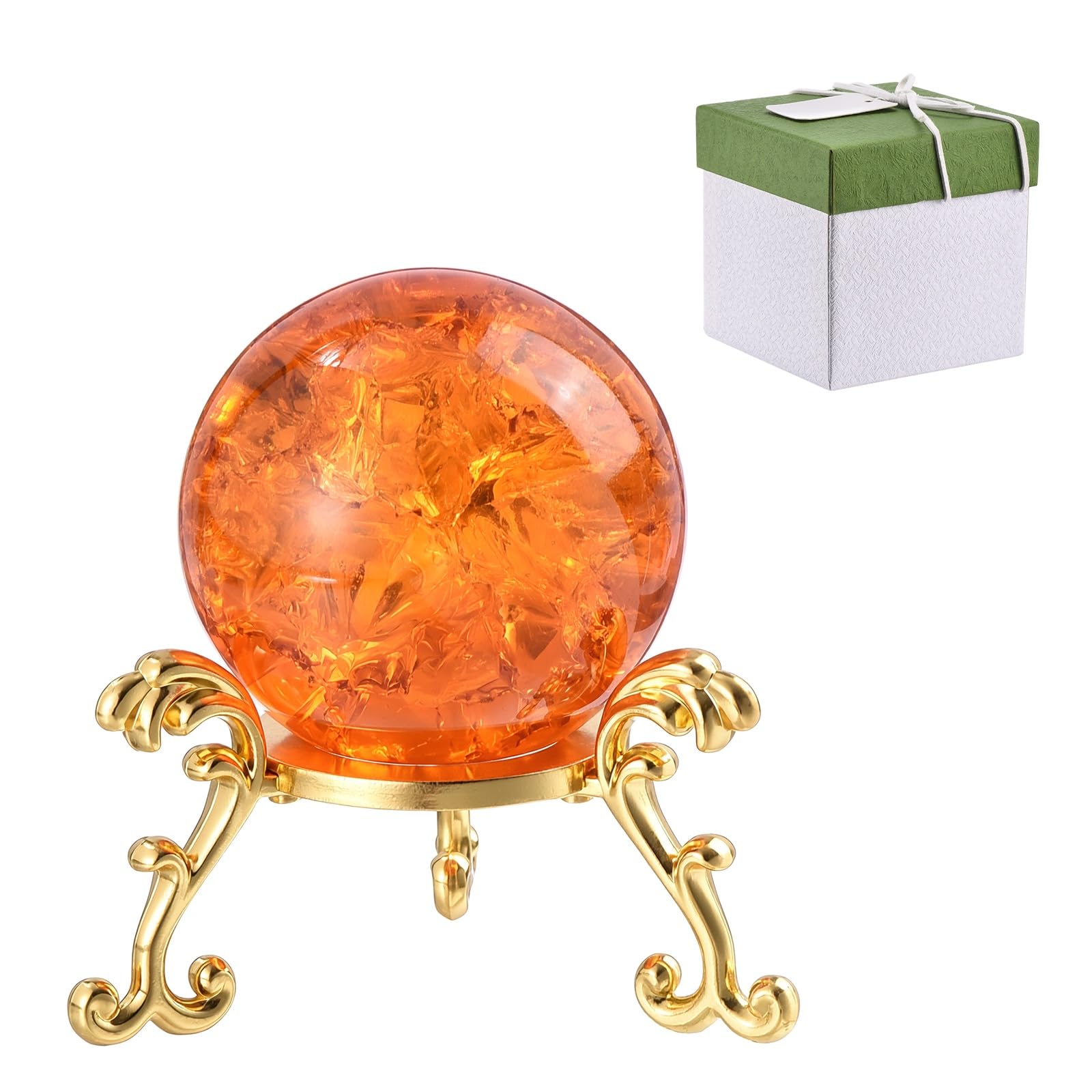 sourcing map 40 mm Round Crystal Sphere with Stand, Crystal Sphere Ice Cracked Decorative Ball Paperweight Gift Box Packaging for Home Decor Ornament Gift Craft Feng Shui Decor, Amber