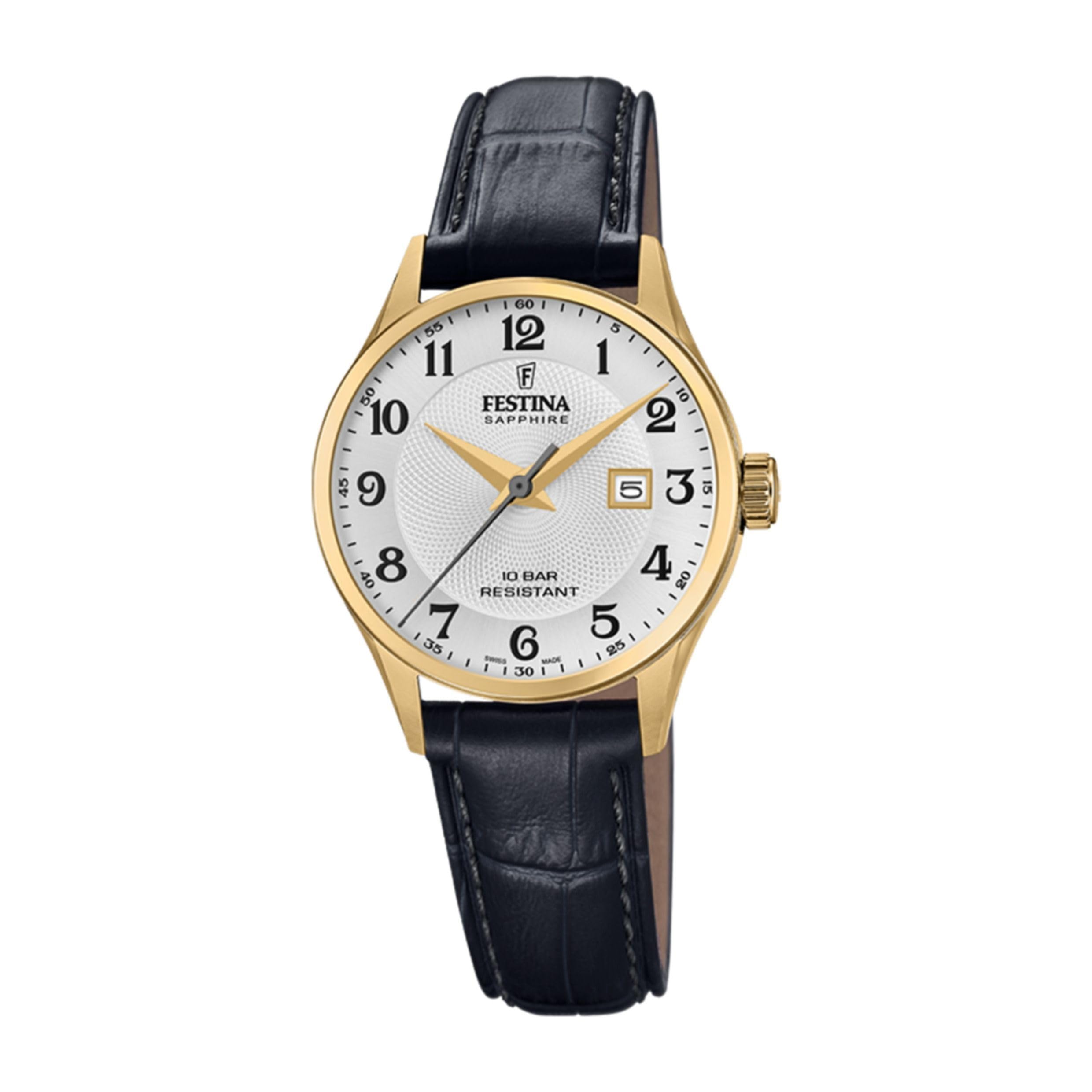 Festina F20011/5 Zegarek damski Swiss Made Złoty Skórzany pasek ze stali nierdzewnej Czarny, Szary, Klasyczny
