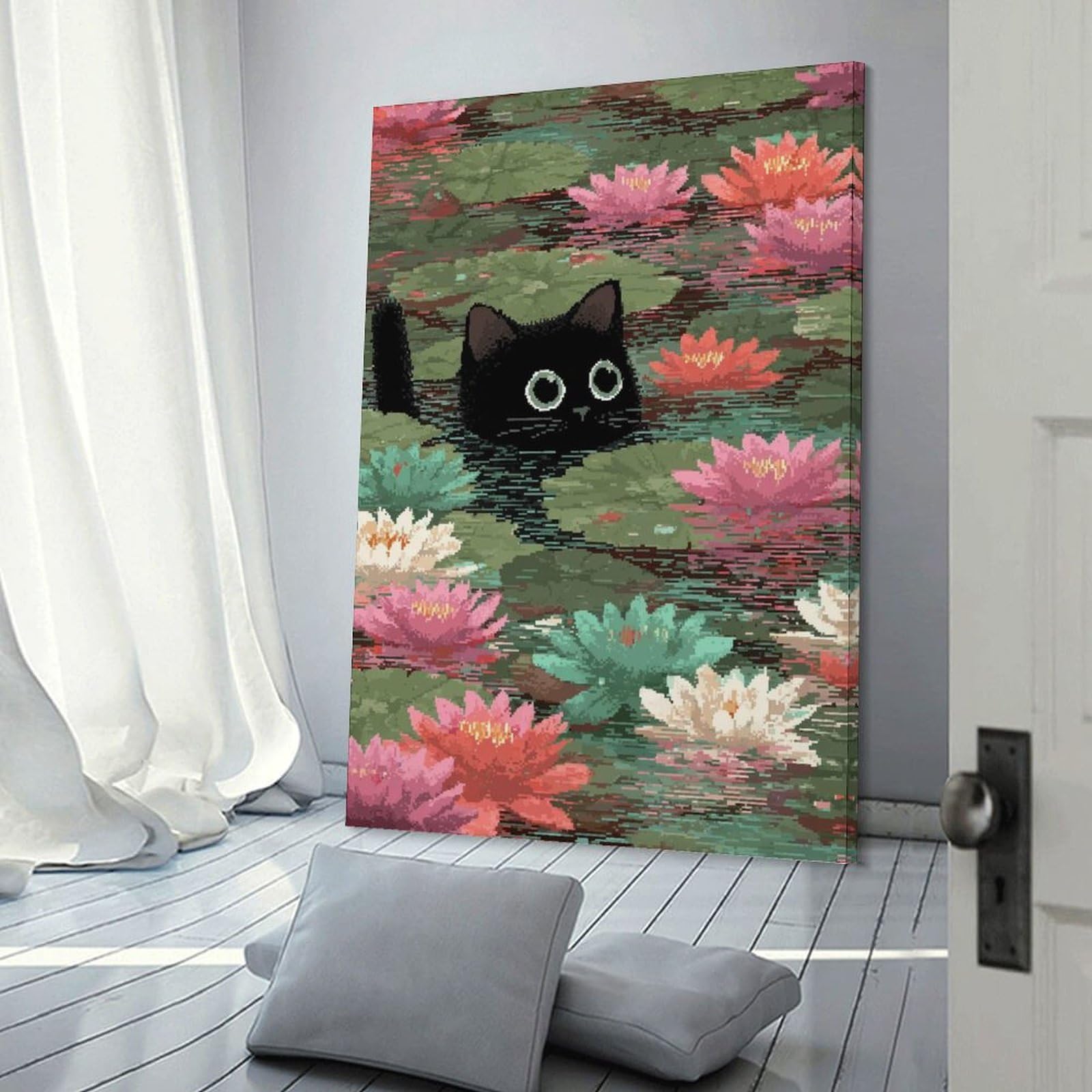 Junmoney Black Cat in Lily Pond Pixel Art Room Decor Wall Art 24x36inch(60x90cm), for Art Walls, Layered Displays Or Homes, Wall Decor Suited to Curated Displays
