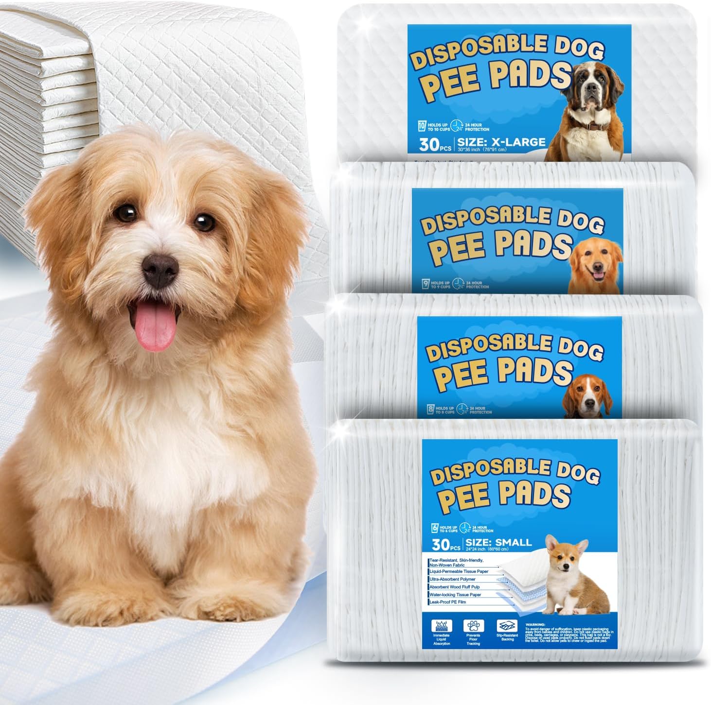Wee Wee Pads for Dogs, Premium Puppy Pads with 6-Layer Leak-Proof Design, Disposable and Safe Dog Pee Pads, Small (24x24, Holds 6 Cups), 30 Count 24"*24"-30ct