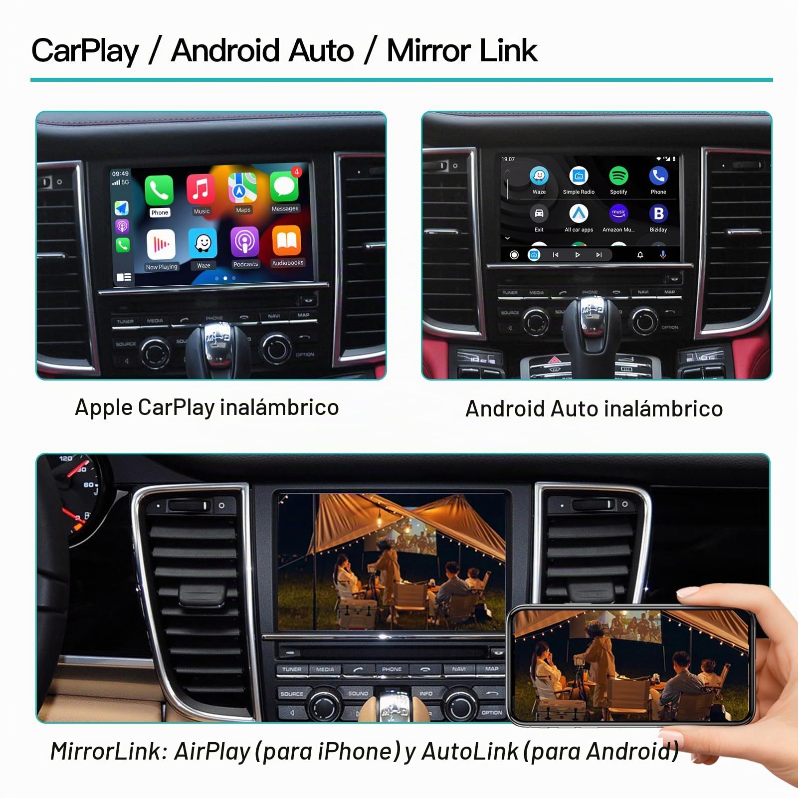 Módulo Wireless CarPlay y Android Auto compatible con sistema Porsche PCM 3.1 para Panamera, Cayenne, Macan, Cayman, Boxster, 911 y 718. Soporta Mirrorlink y funciones originales OEM
