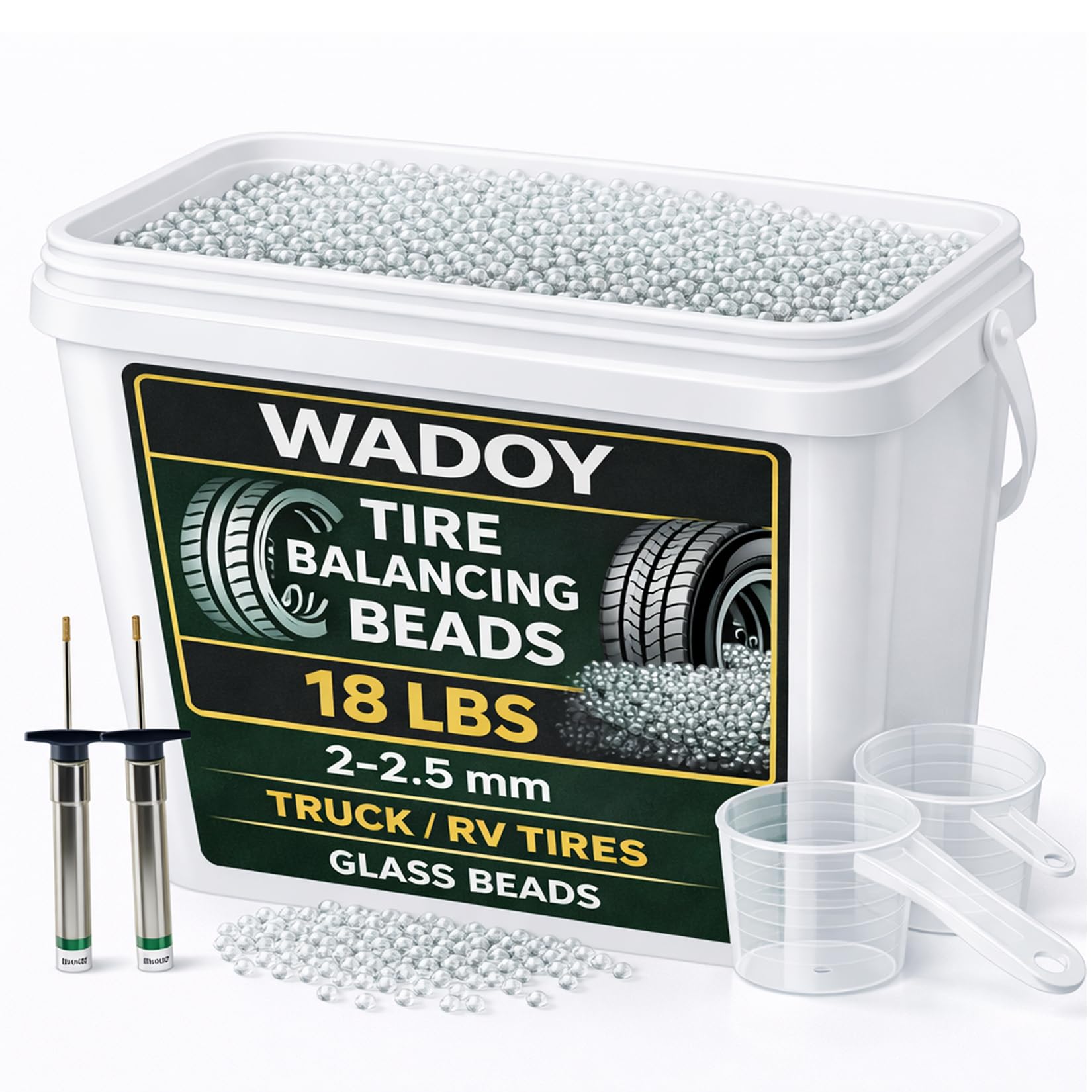Wadoy 18 lb Tire Balance Beads Bulk Bucket, 2–2.5mm Tempered Glass Wheel Balancing Beads for Truck Tires, Trailers, RVs, Off-Road Vehicles and Heavy-Duty Tires, with Scoop and Tire Tread Depth Gauge