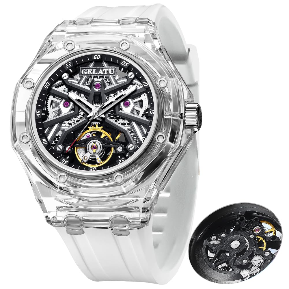 OLEVS GELATU Men Watch Automatic Tonneau Watch Skeleton Mechanical 50M Waterproof Sapphire Crystal Square Male Watches White/Black/Rose Gold