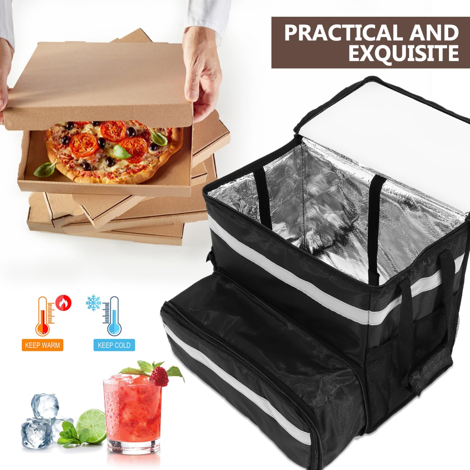 OUNONA Mochila Térmica de Viaje Negra de Oxford para Pizza | Capacidad Grande, Bolsillo Frontal Ampliable, Tiras Reflectantes, Interior Espacioso para Reparto y Camping