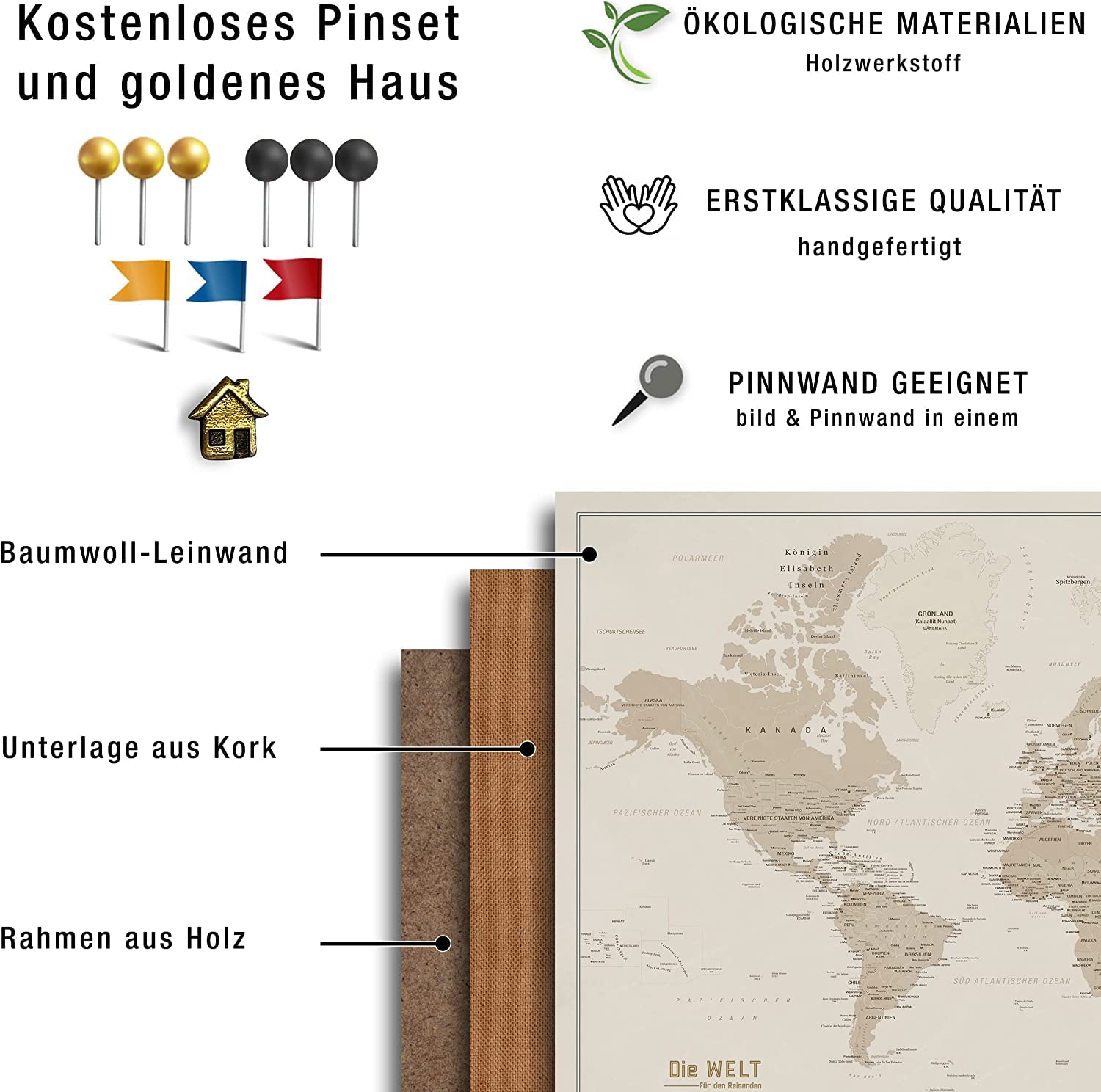 Płócienna mapa świata z korkiem do przypinania celów podróżnych, dekoracja ścienna do każdego pomieszczenia, wysokiej jakości obrazy na płótnie z mapą świata w różnych rozmiarach (150 x 100 cm, wzór 4)