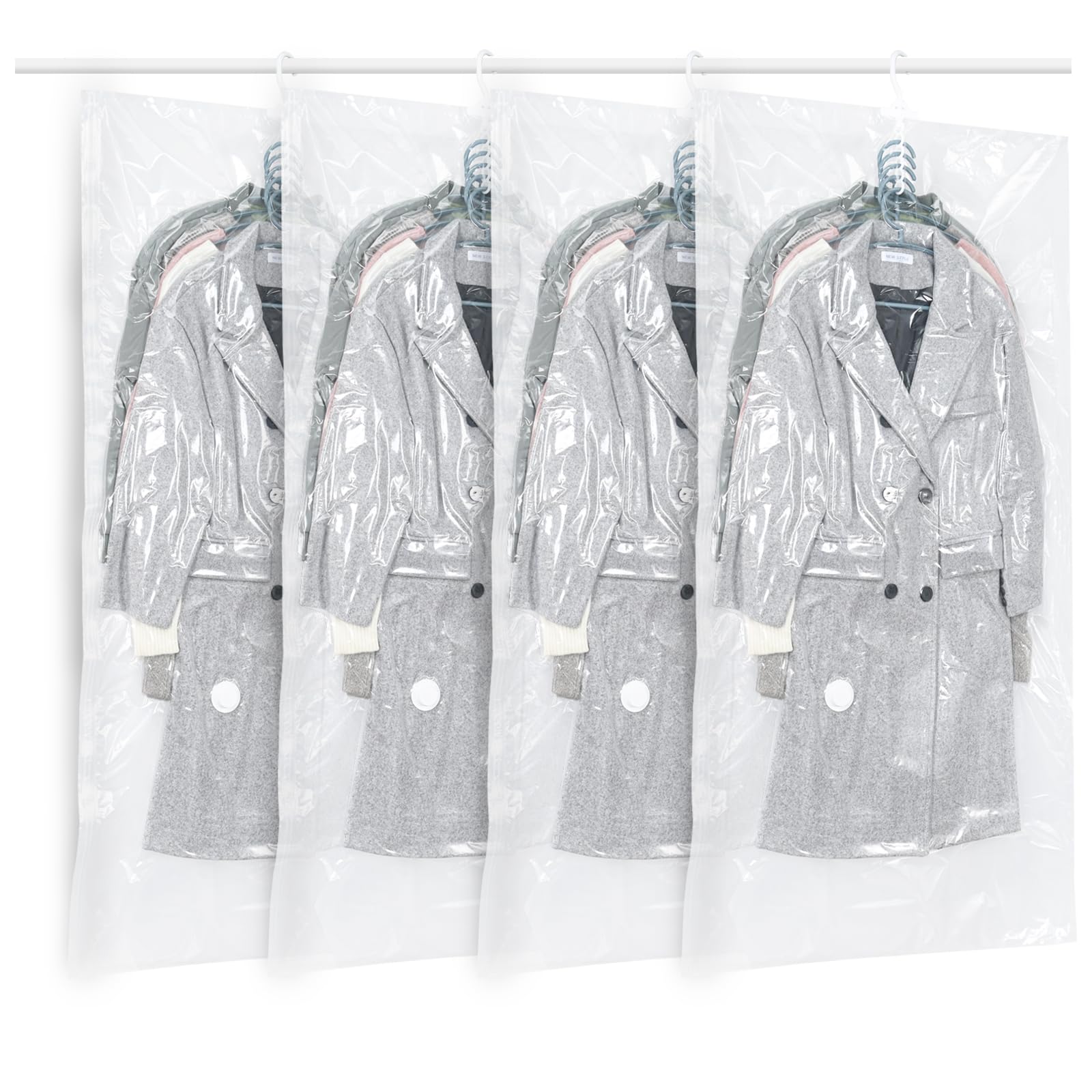 Hanging Vacuum Storage Bags, ZWMYF 4 PCS Space-saving Vacuum Bag for Clothes, Suits, Dresses, Coats or Jackets, Clear & Reusable Closet Organizer 145x70cm