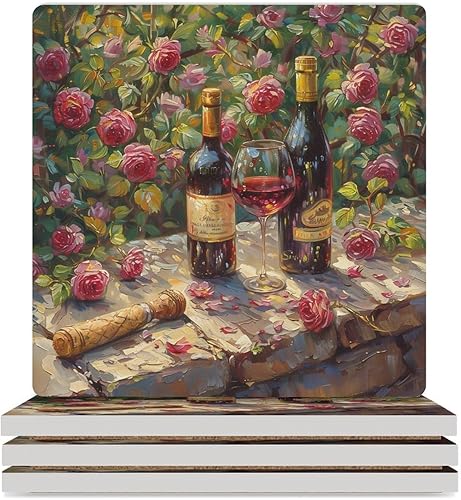 Miniatura 37 de Round-4 posavasos de cerámica para vino tinto, posavasos redondos absorbentes para bebidas, estilo vintage de madera, vino tinto, uvas, frutas y