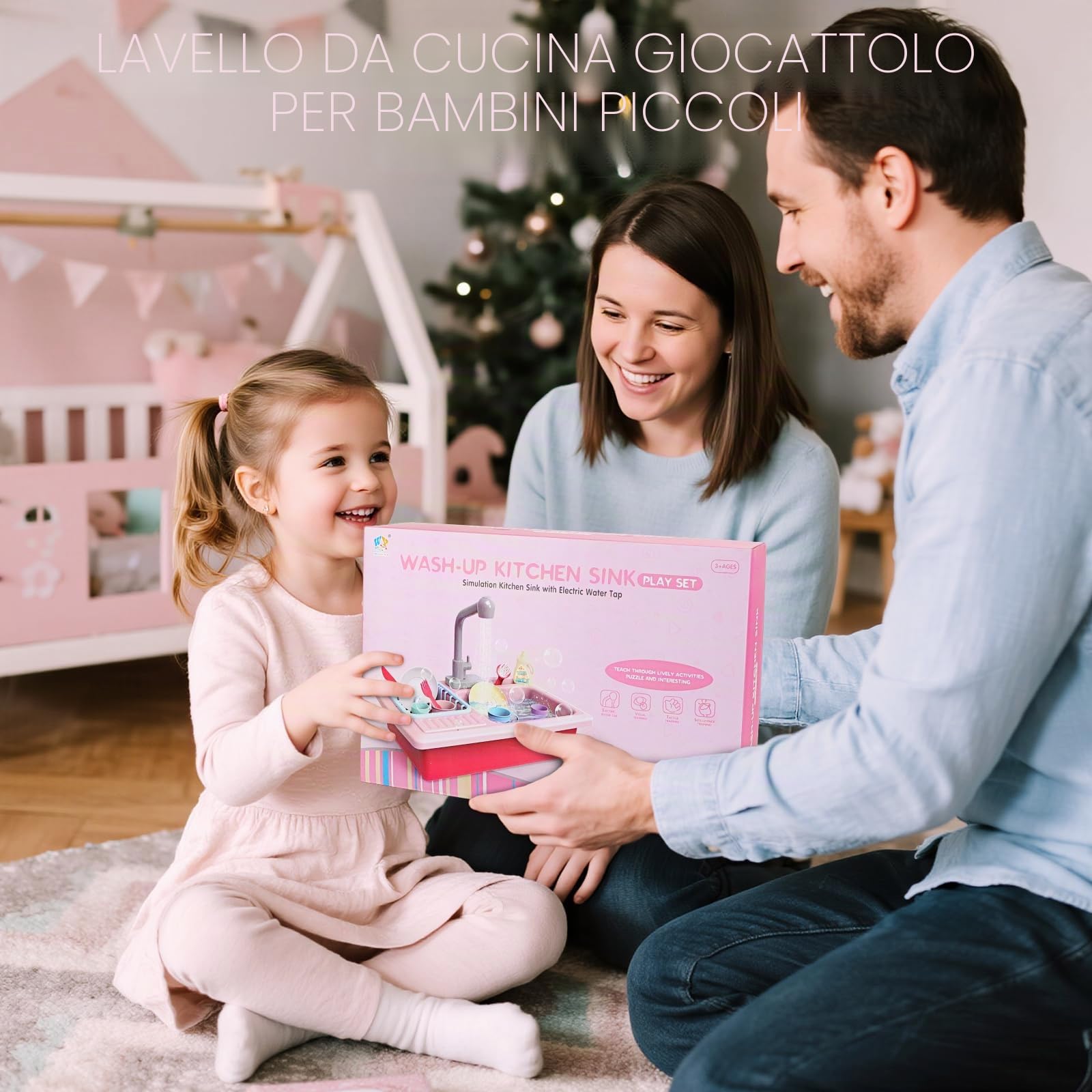 deAO Lavello da Cucina Gioco di Ruoli con Simulatore di Acqua Elettrico e Accessori (Rosa)