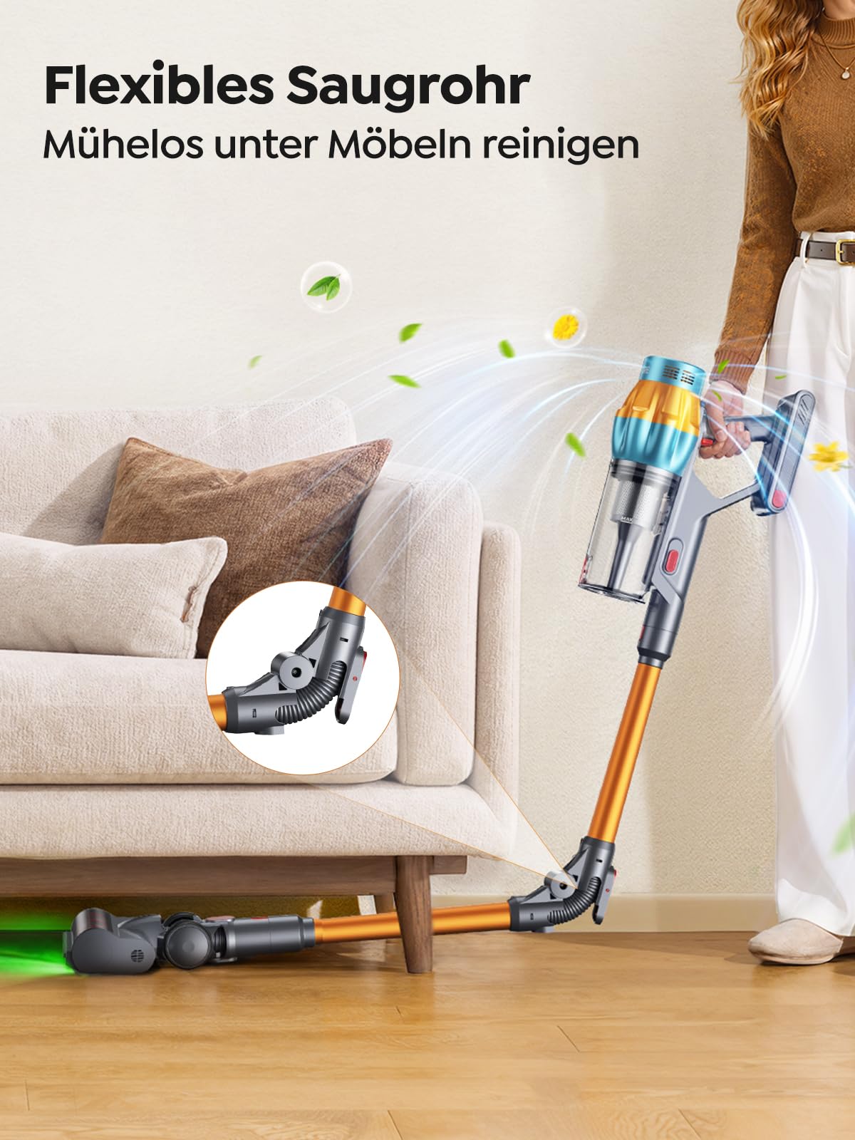 SMOTURE Akku Staubsauger mit 1.5M Schlauch, Aromafunktion, Touchscreen,Anti-Tangle-Bürste,Selbststehend für Tierhaare/Teppiche/Hartböden/Auto