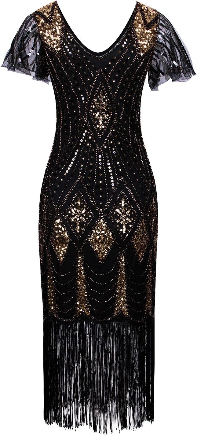 Vijiv Women's 1920s Gatsby Inspired Sequin Beads Long Fringe Flapper Dress with Sleeves - Image 4