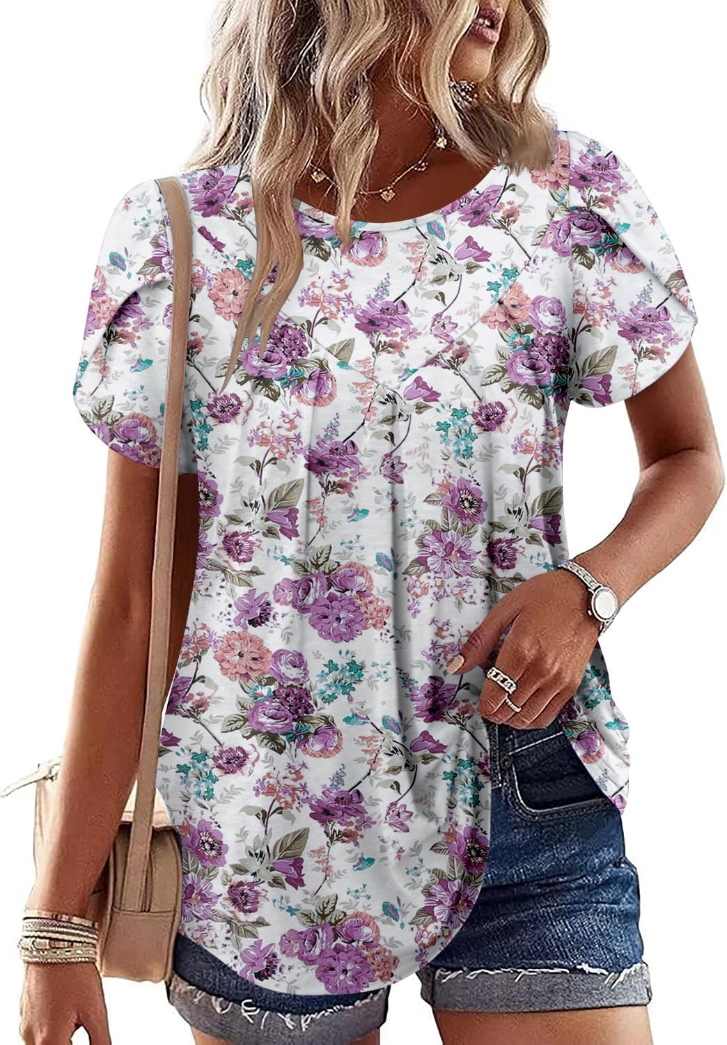 KISSMODA Womens Short Sleeve Shirts Floral Summer Tops Ladies Tunic Tops Loose Fit Tunics