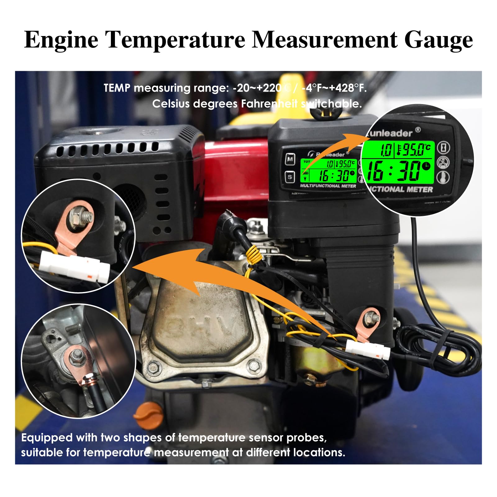 Jauge de température du moteur, compte-tours numérique, horloge, rappel de maintenance, batterie remplaçable avec rétro-éclairage pour petit moteur de tracteur de pelouse (HM035A)