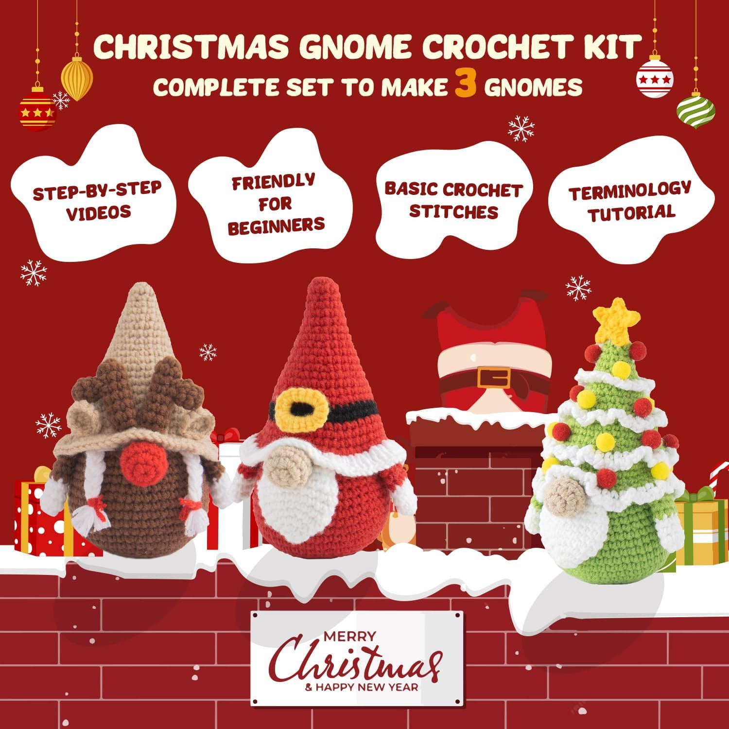 POP COCHE Christmas Crochet Kit for Beginners, Crochet Starter Kits for Adults, Amigurumi Craft Knitting Crochet Animal Kit with Step-by-Step Video Tutorials, 3 Christmas Gnomes (40%+ Yarn)