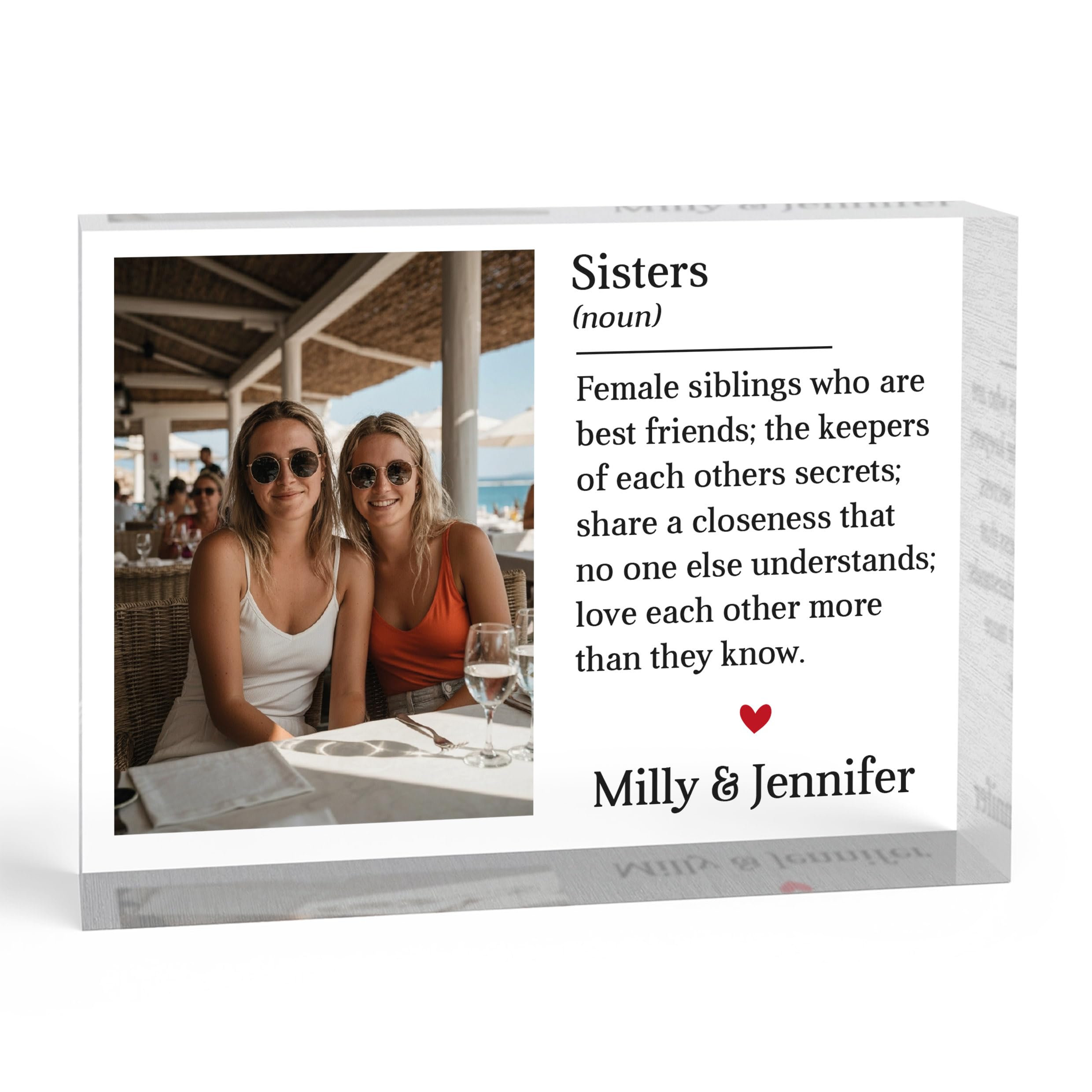 Beecreative Personalised Sister Gifts From Sister - Custom Photo Clear Acrylic Block - Older or Younger Sister Presents - With White Gift Bag